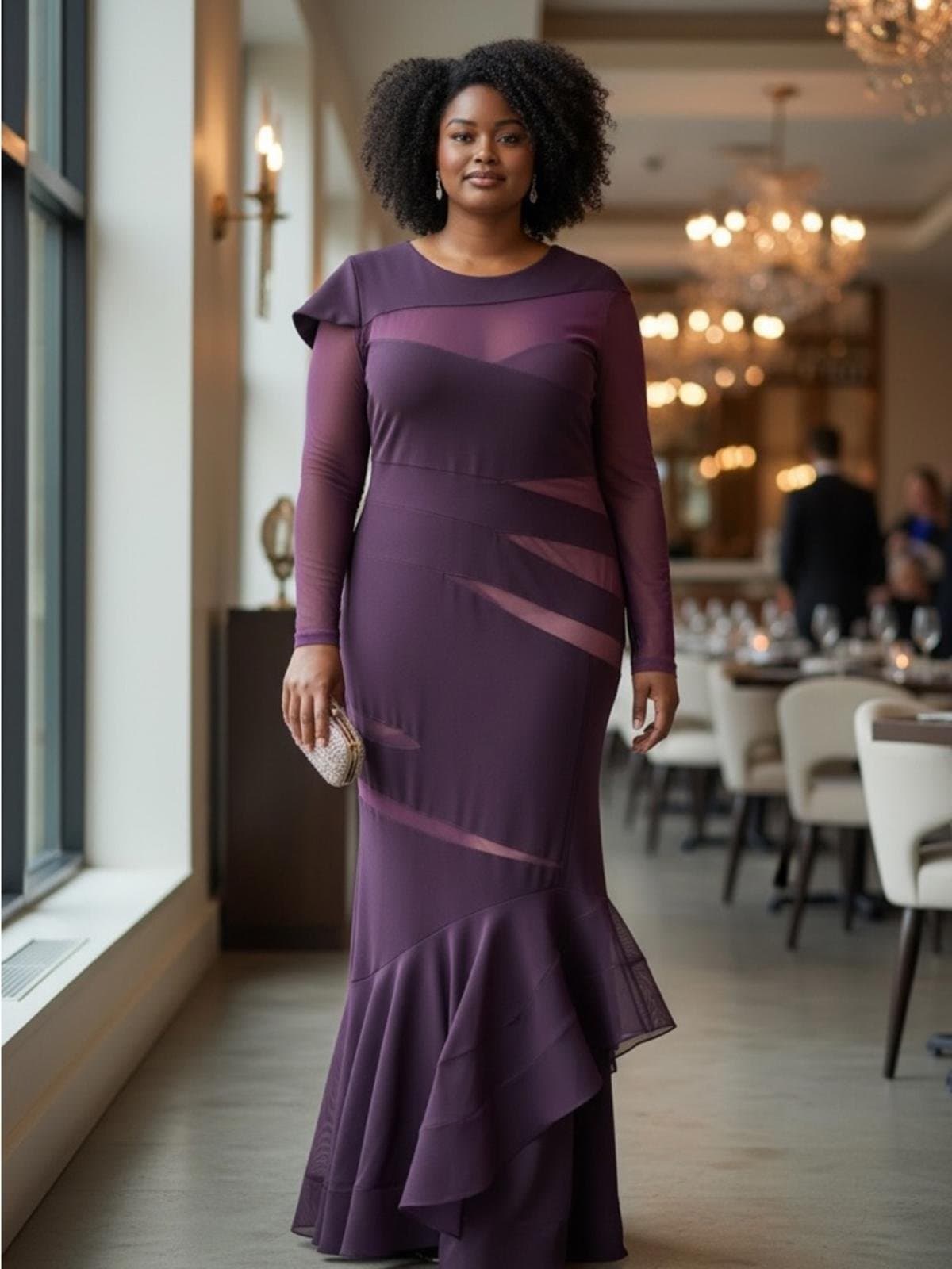 Elegant Plum Mesh-Panel Maxi Dress - Image 1