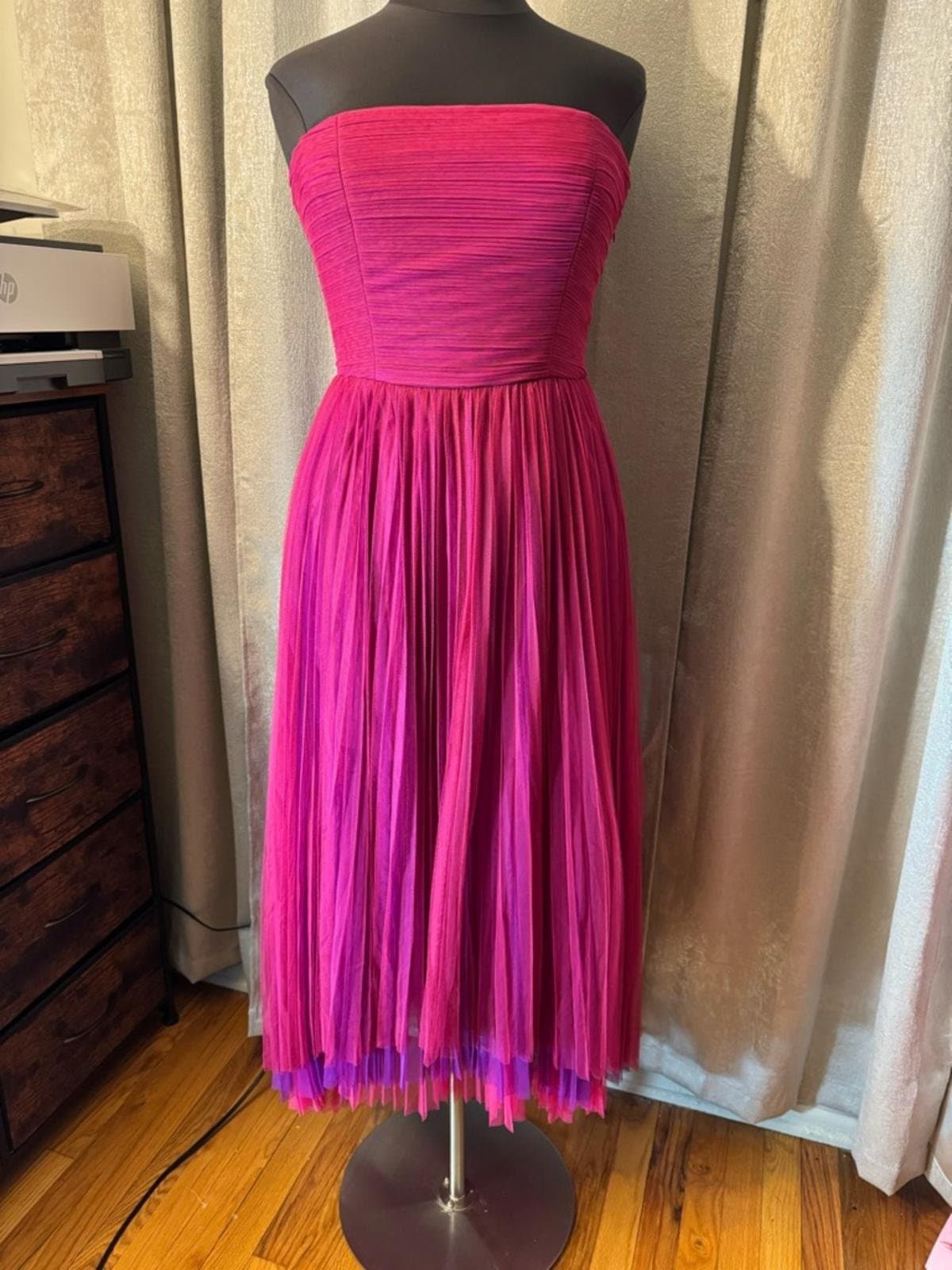 Chelsea28 Strapless Fuchsia-Purple Pleated Midi Dress - Thumbnail 2