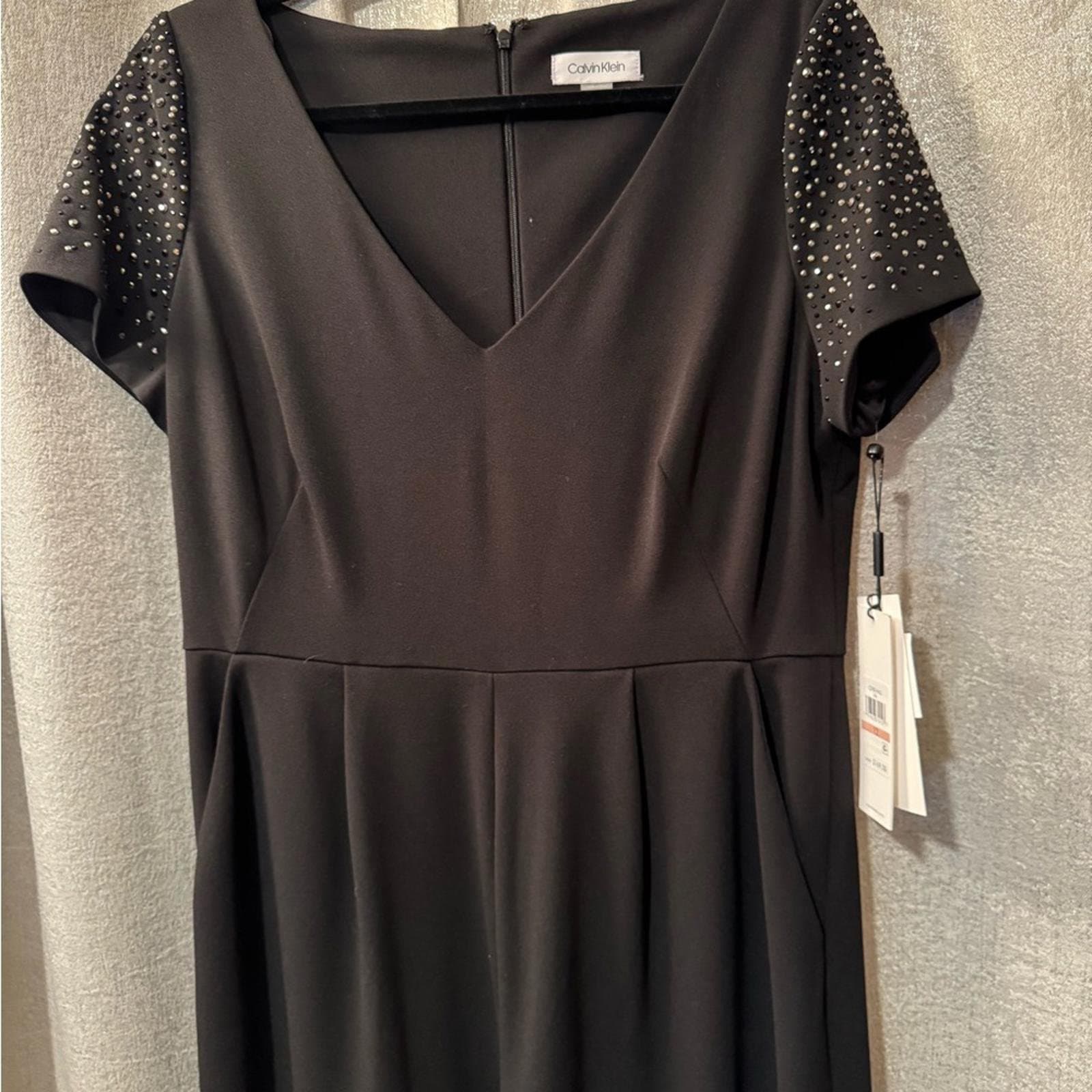 Calvin Klein Black V-Neck Jumpsuit with Sparkle Cap Sleeves - Thumbnail 5