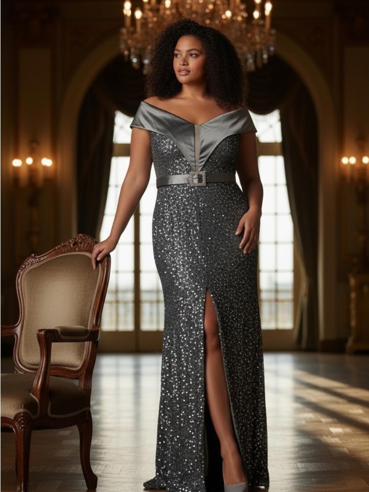 Off-Shoulder Sparkling Evening Gown in Silver - Image 1
