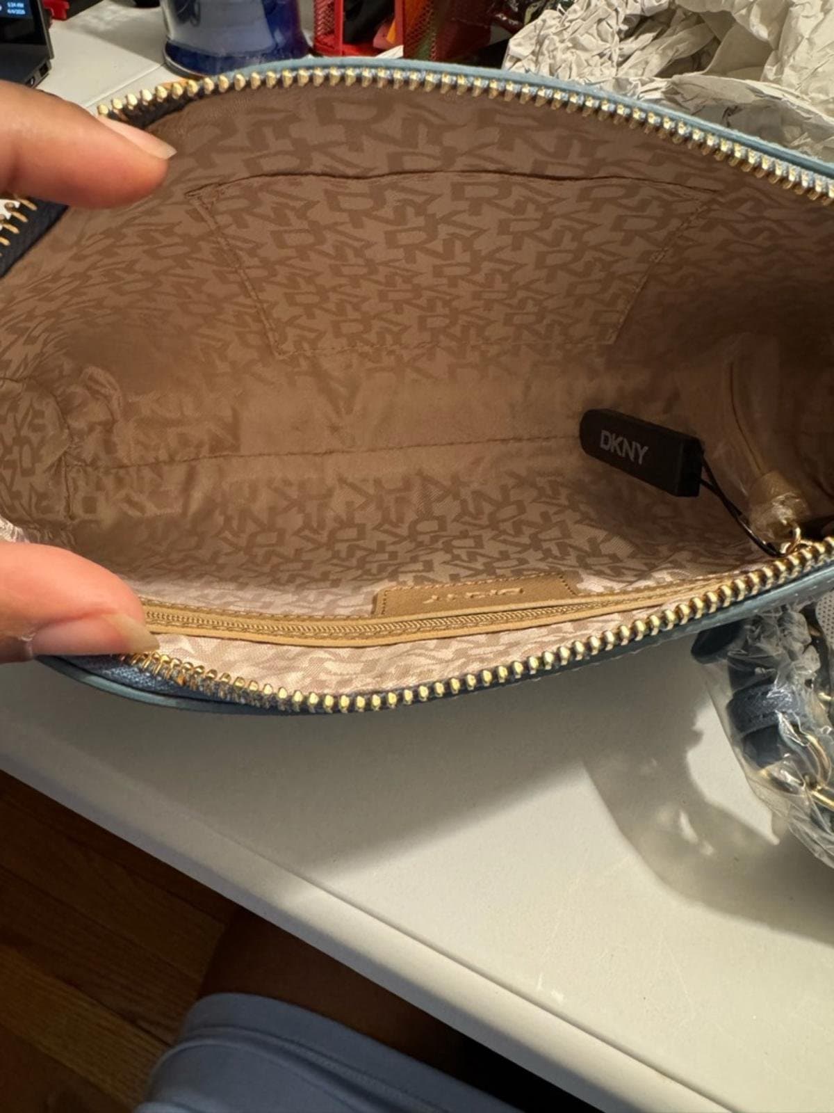 DKNY Dusty Blue Saffiano Crossbody with Gold Chain - Thumbnail 7