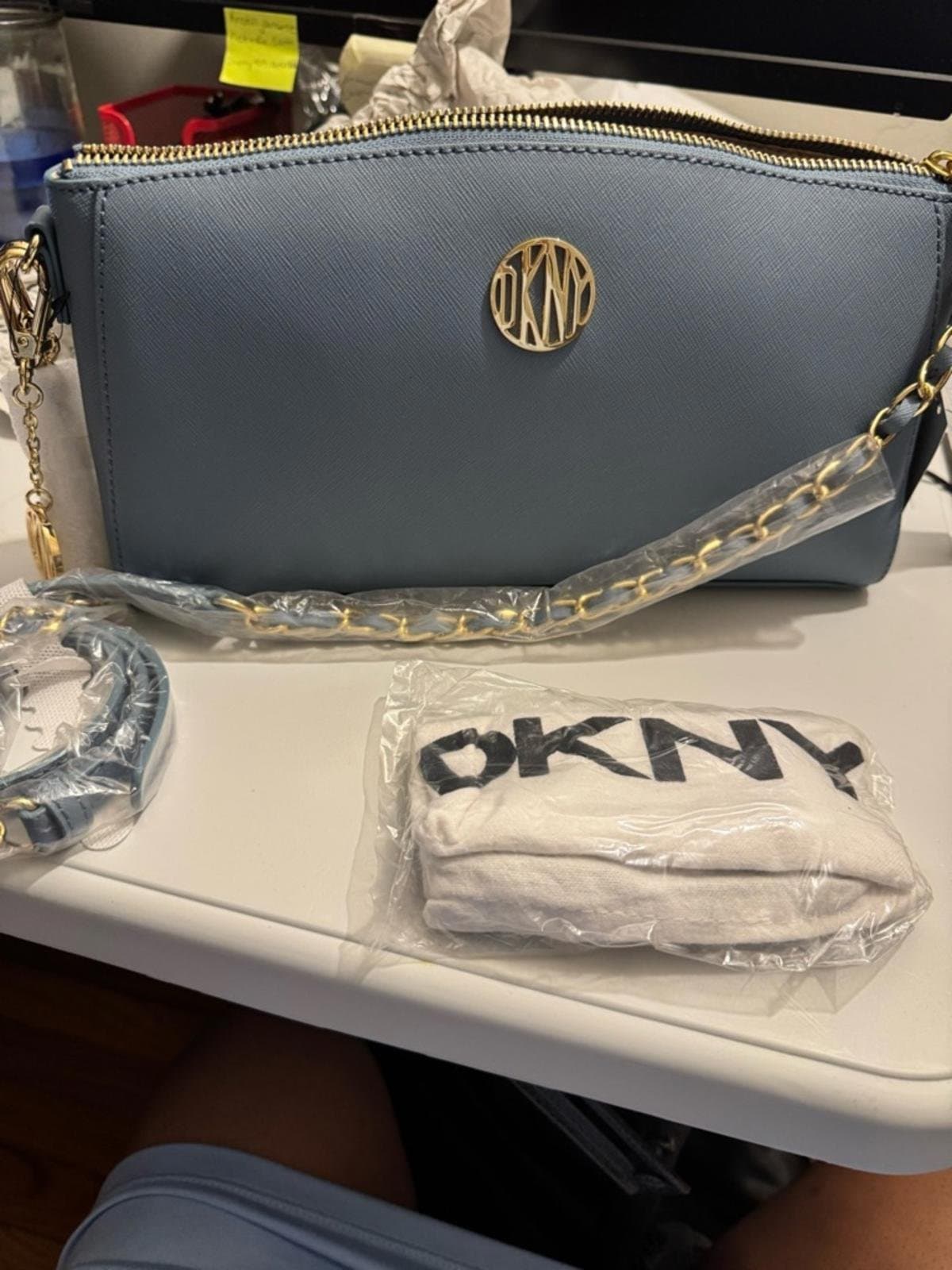 DKNY Dusty Blue Saffiano Crossbody with Gold Chain - Thumbnail 9