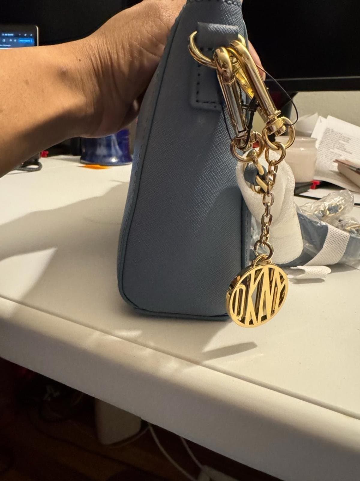 DKNY Dusty Blue Saffiano Crossbody with Gold Chain - Thumbnail 5