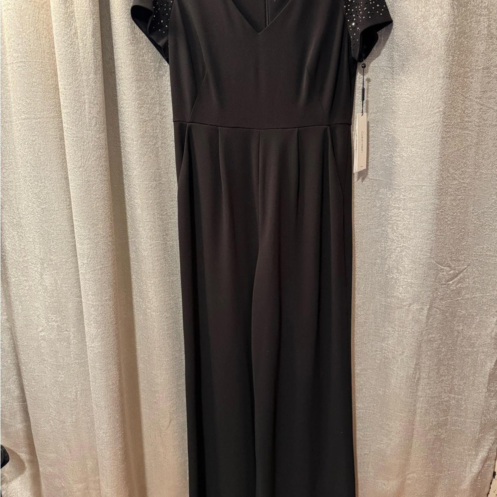 Calvin Klein Black V-Neck Jumpsuit with Sparkle Cap Sleeves - Thumbnail 2