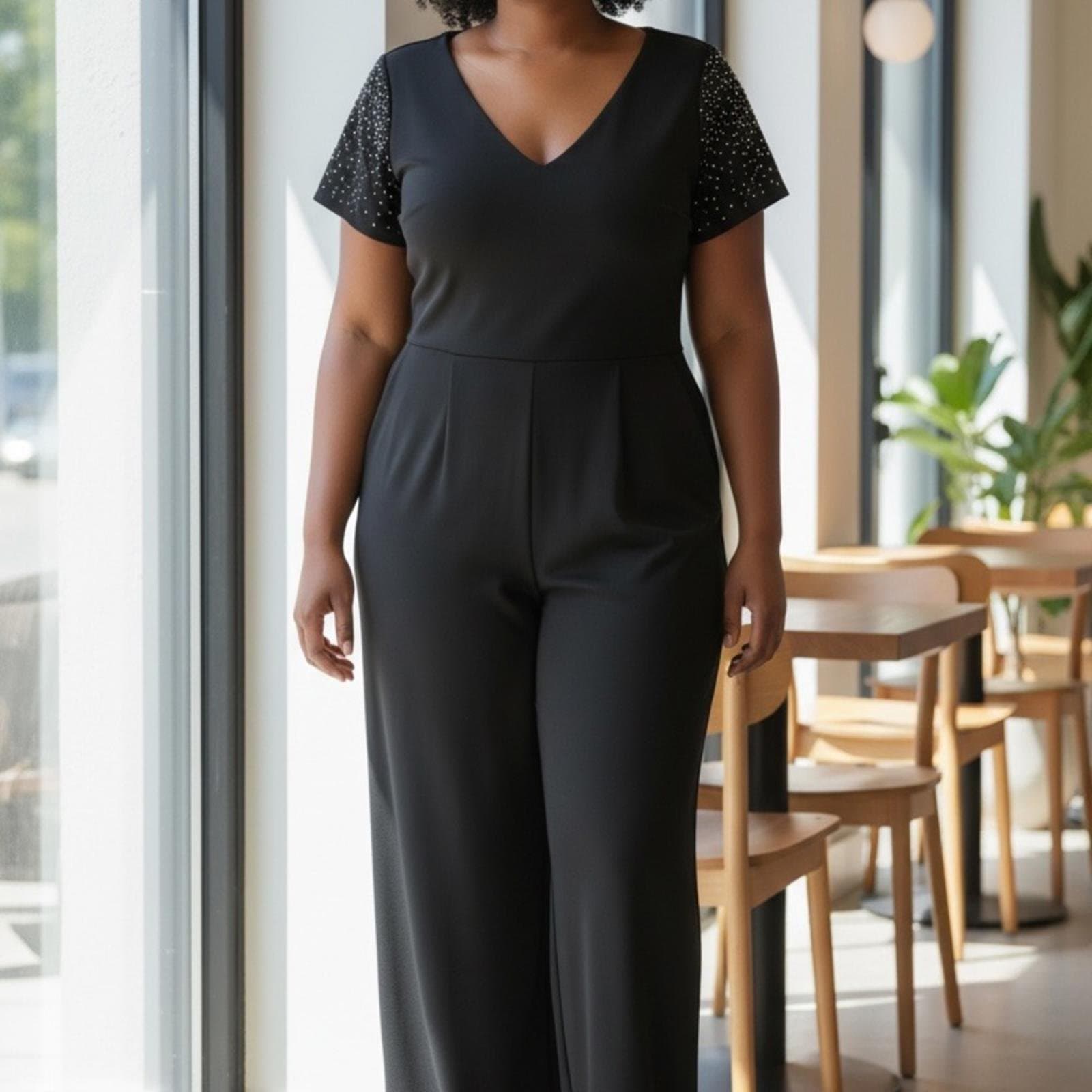 Calvin Klein Black V-Neck Jumpsuit with Sparkle Cap Sleeves - Image 1