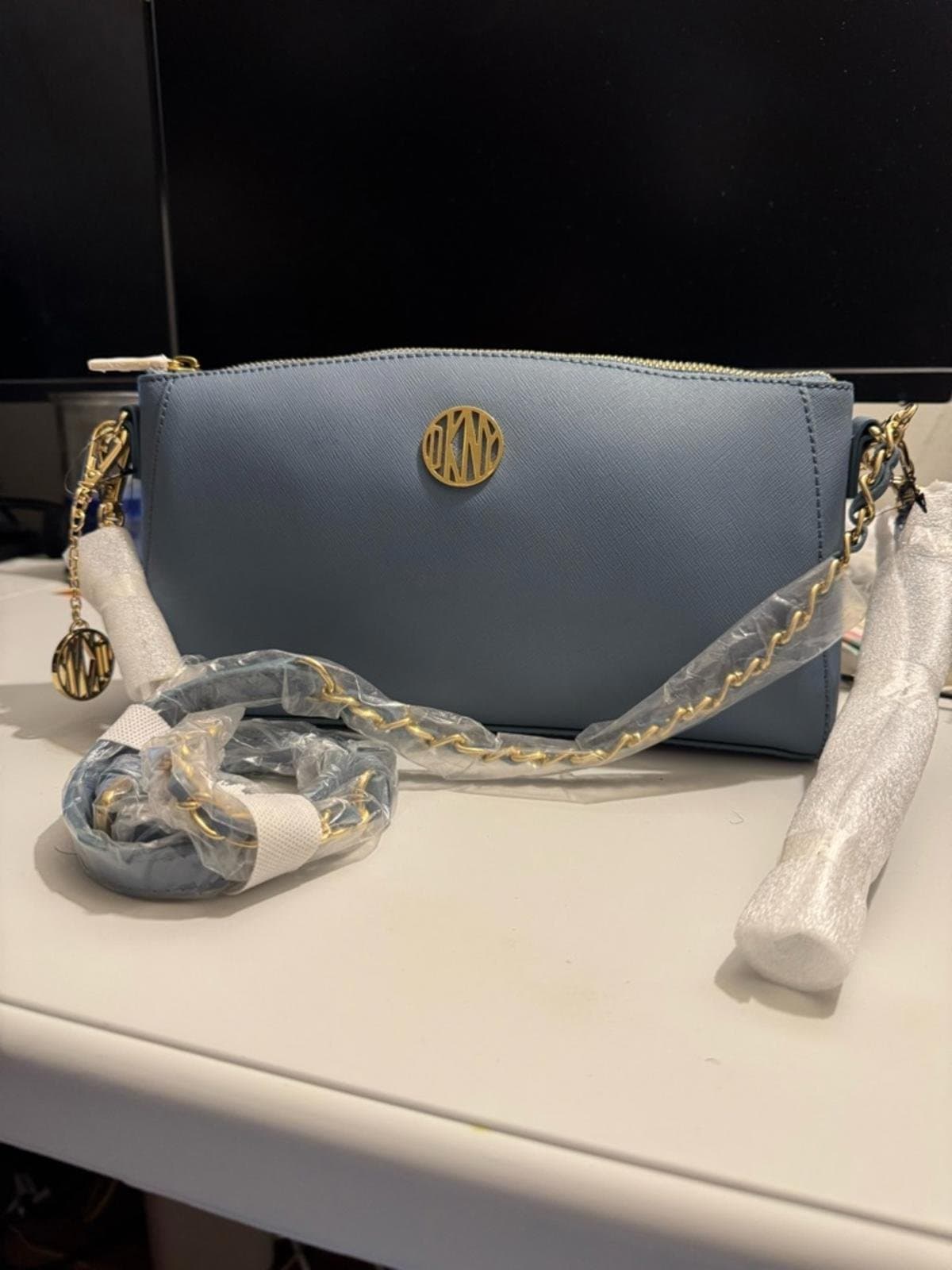 DKNY Dusty Blue Saffiano Crossbody with Gold Chain - Thumbnail 2