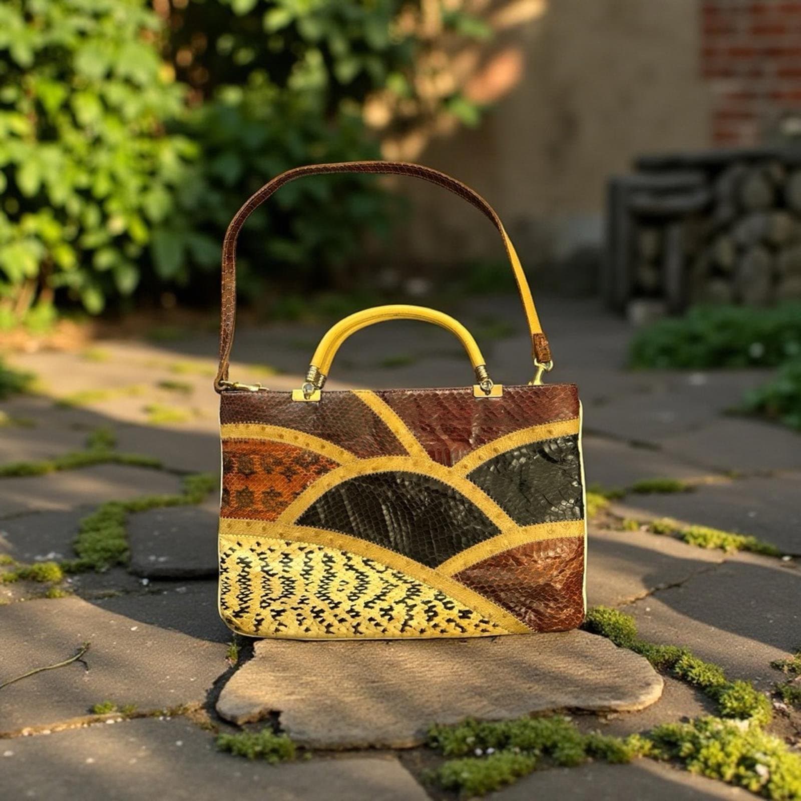 Vintage patchwork snakeskin and eel leather handbag - Image 1