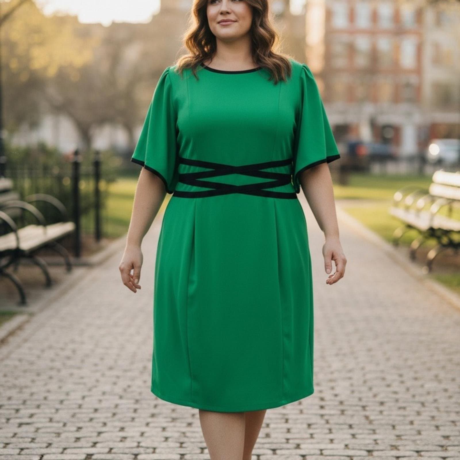 Elegant Green Midi Dress with Black Accents - Image 1