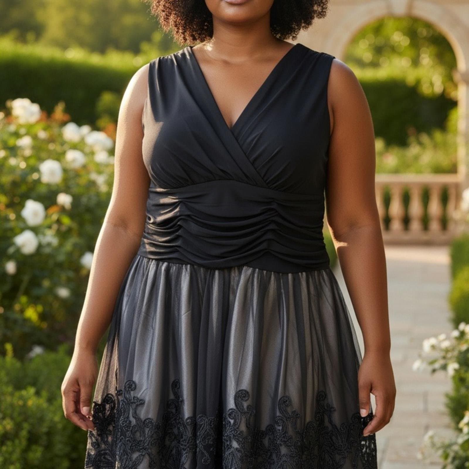 SLNY Black V-Neck Ruched Midi Dress with Embroidered Tulle - Image 1