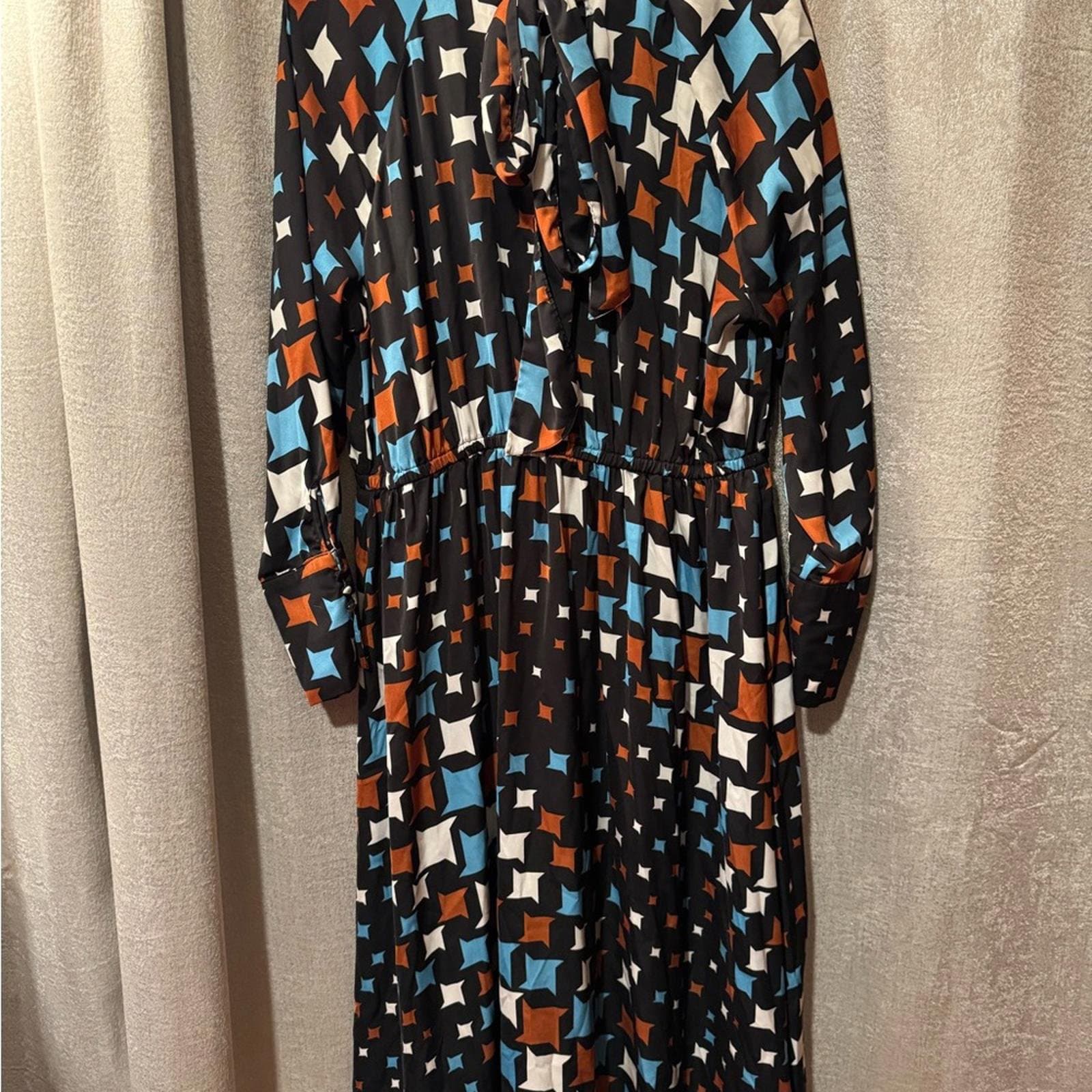 Nine West Black Geometric Long-Sleeve Midi Dress with Teal & Brown Accents - Thumbnail 2