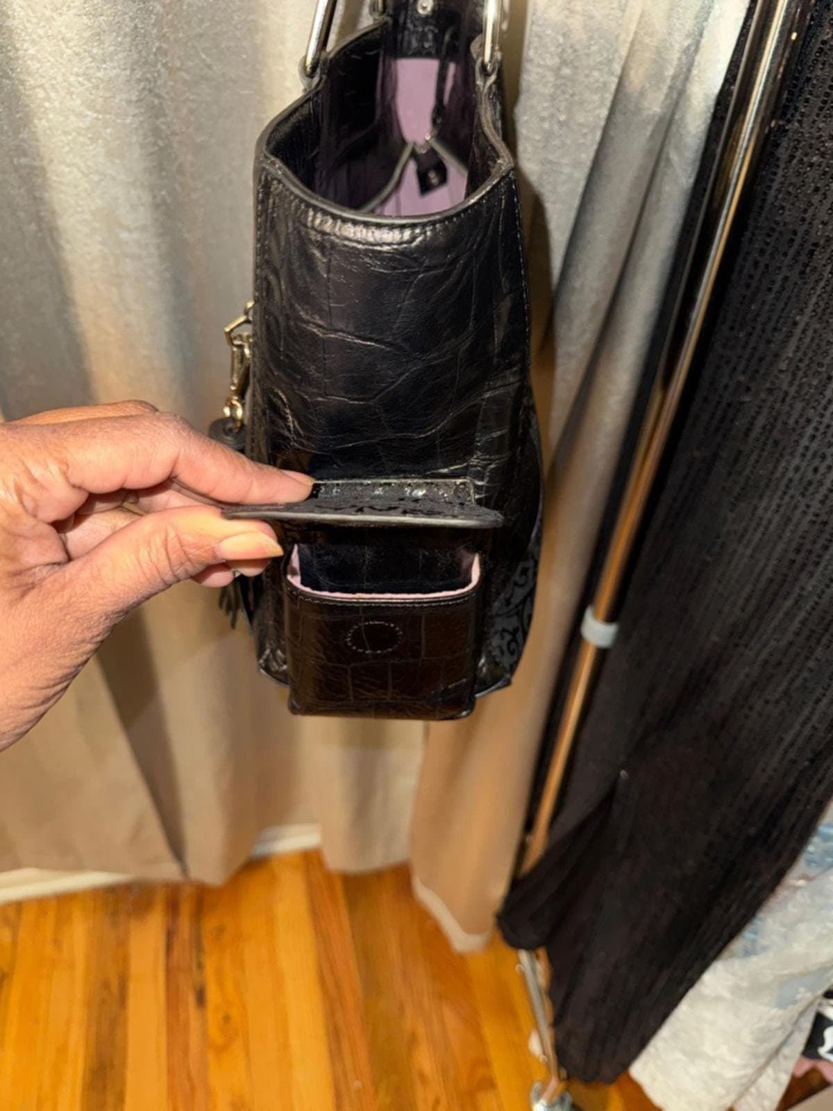 Black Embossed Tote with Yellow Floral Accent - Thumbnail 6