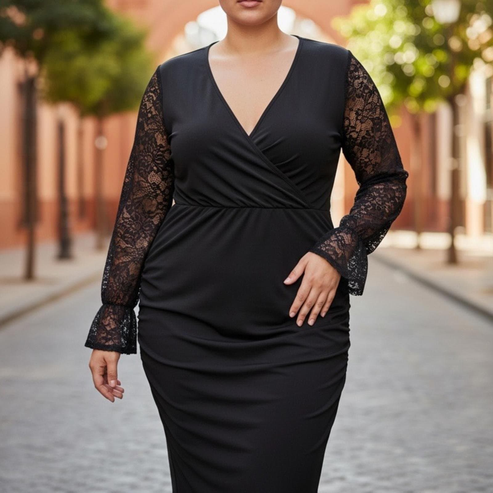 Elegant Black Lace-Sleeve Wrap Midi Dress - Image 1