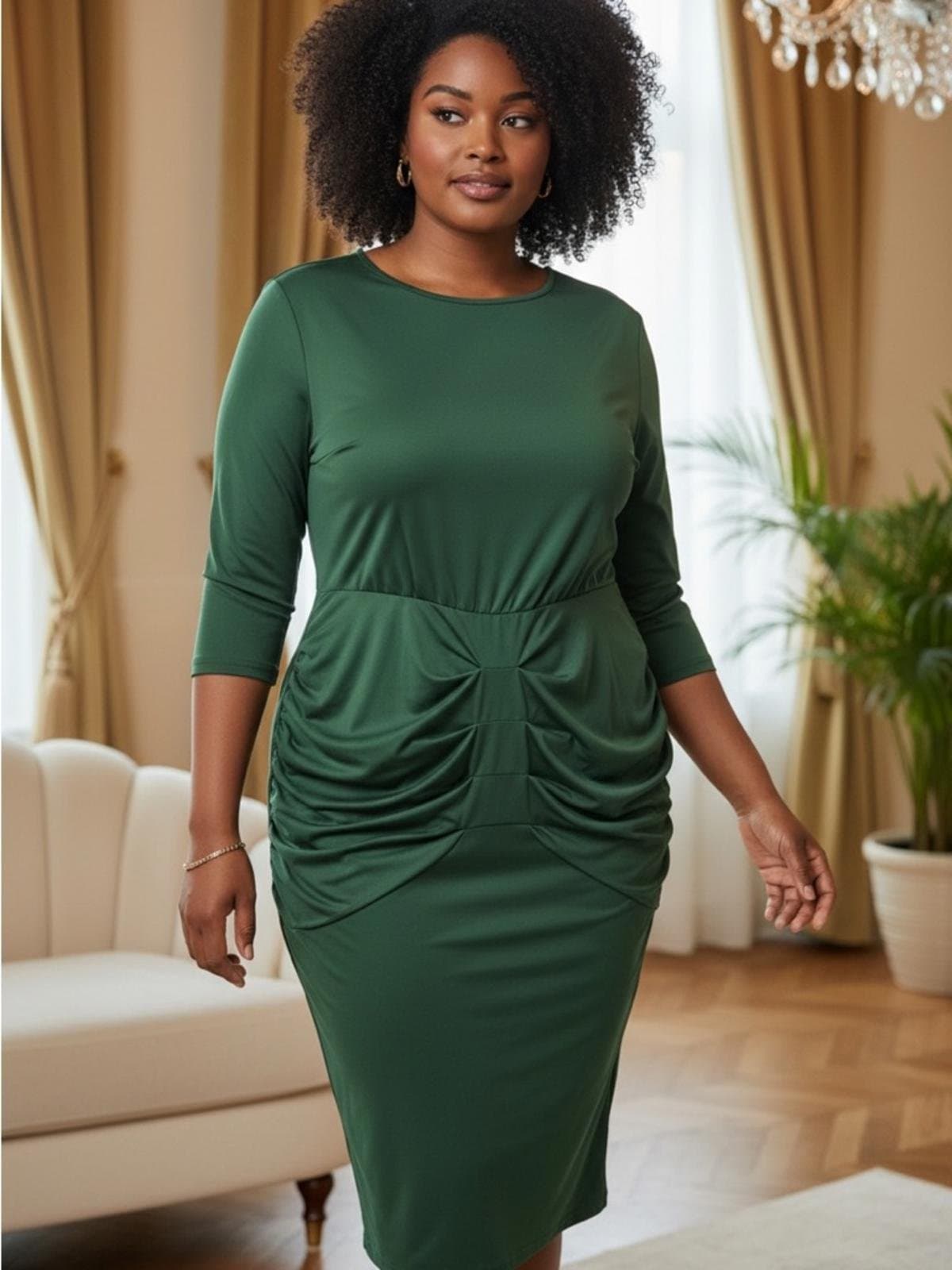 SHEIN Forest Green Ruched Midi Dress - Image 1