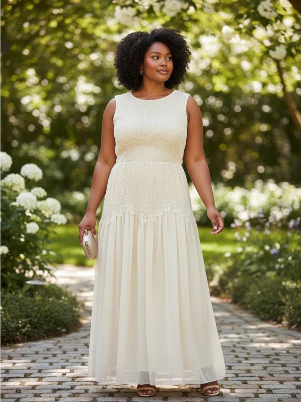 Elegant Sleeveless Cream Maxi Dress with Lace Bodice - Image 1