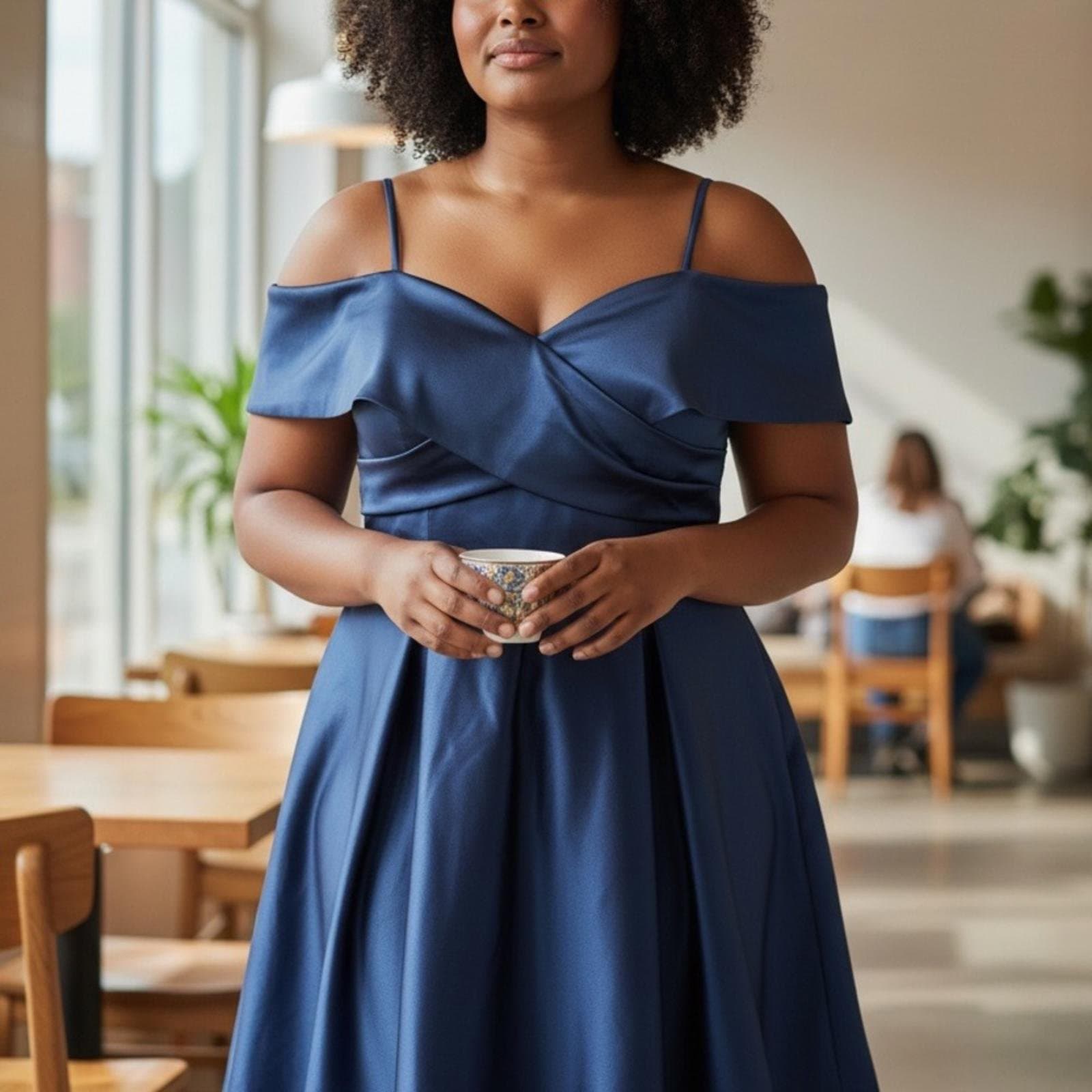 Chic Navy Off-Shoulder Midi Dress - Image 1