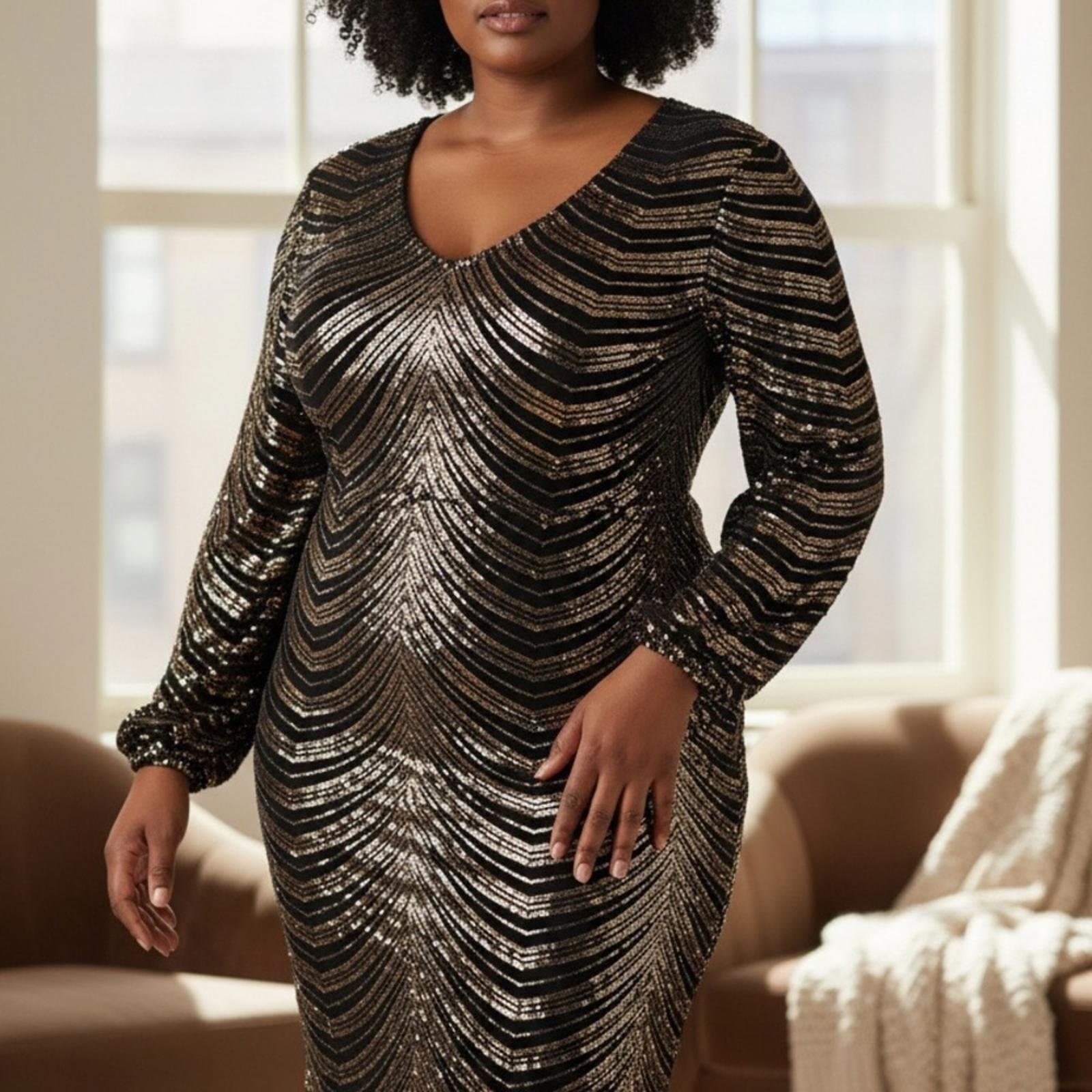 Ashley Stewart Black and Gold Long Sleeve Dress - Image 1