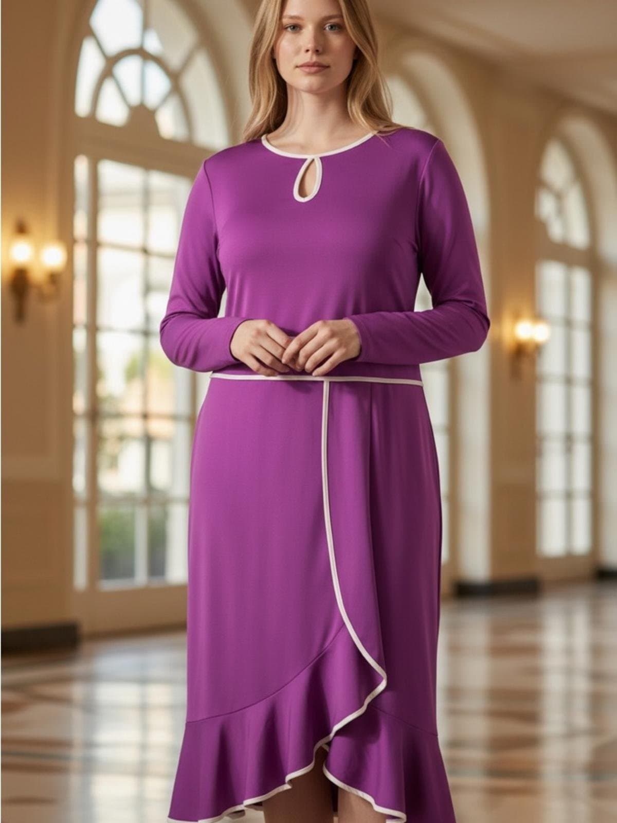 Purple Long-Sleeve Midi Dress with Cream Trim - Image 1