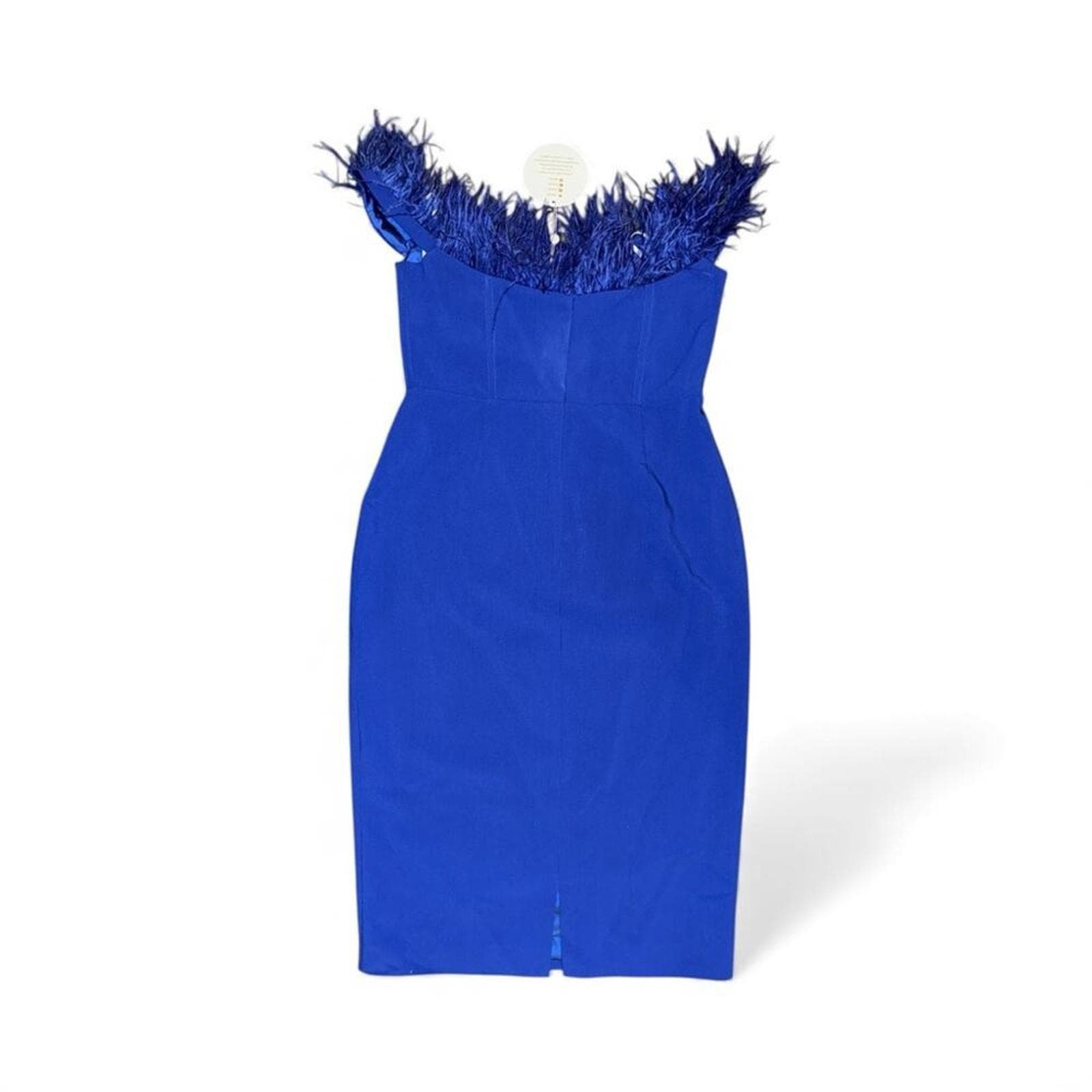 Elegant Strapless Blue Dress with Feather Trim - Thumbnail 3