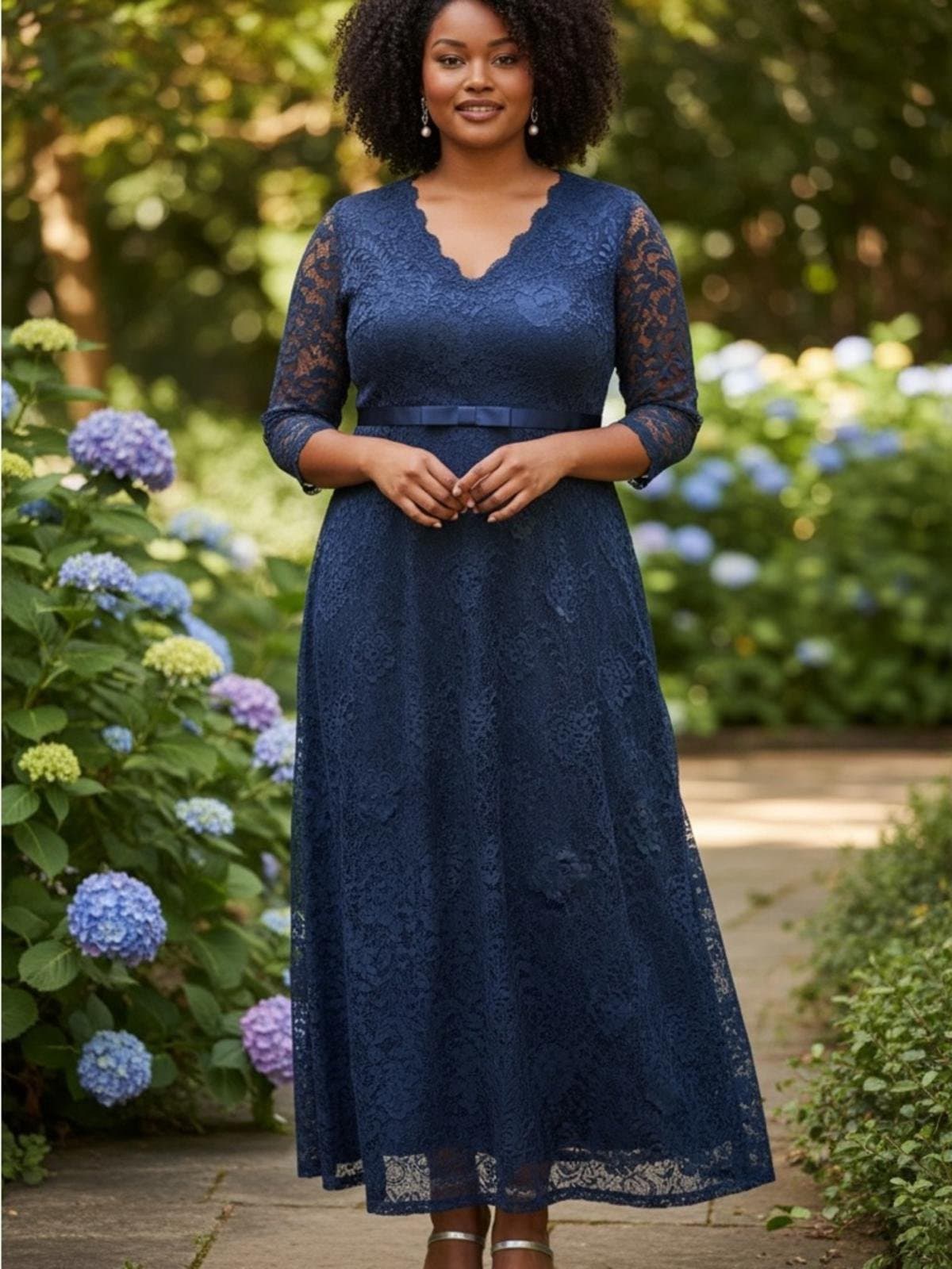 Miusol Navy Lace V-Neck Long Sleeve A-Line Dress - Image 1