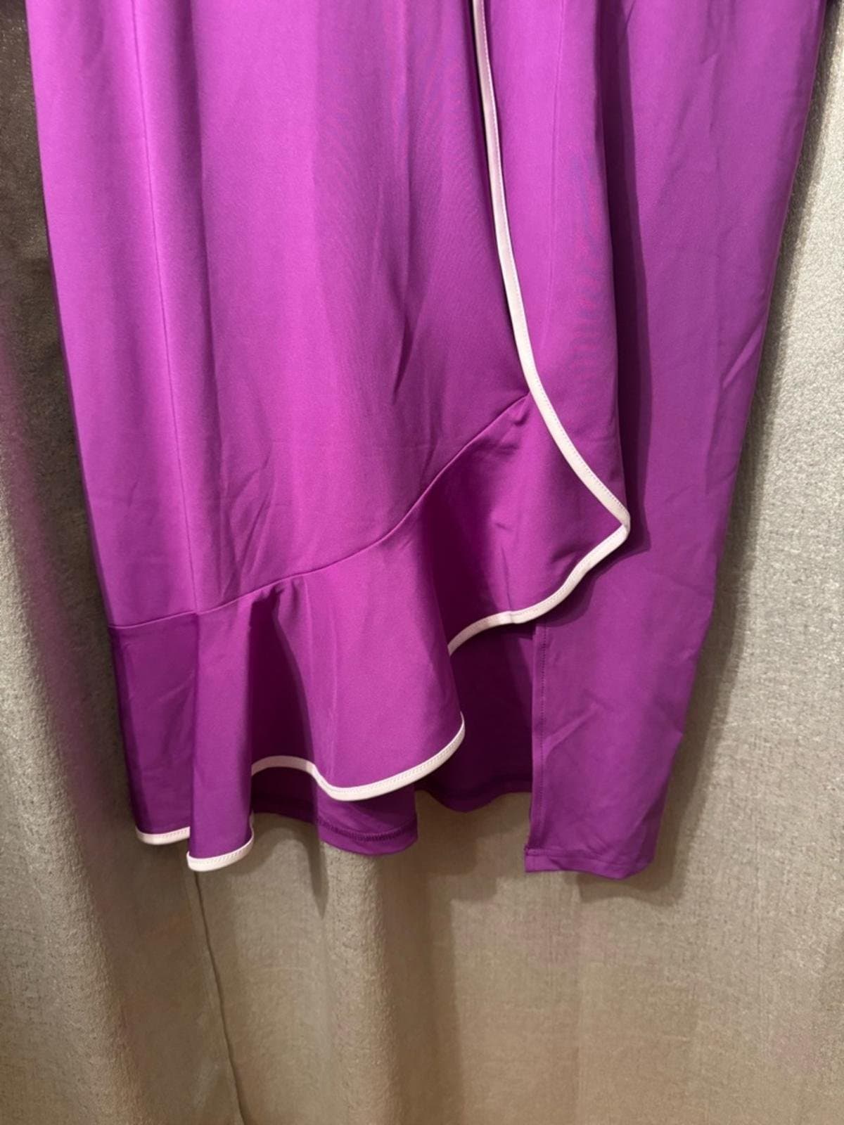 Purple Long-Sleeve Midi Dress with Cream Trim - Thumbnail 4