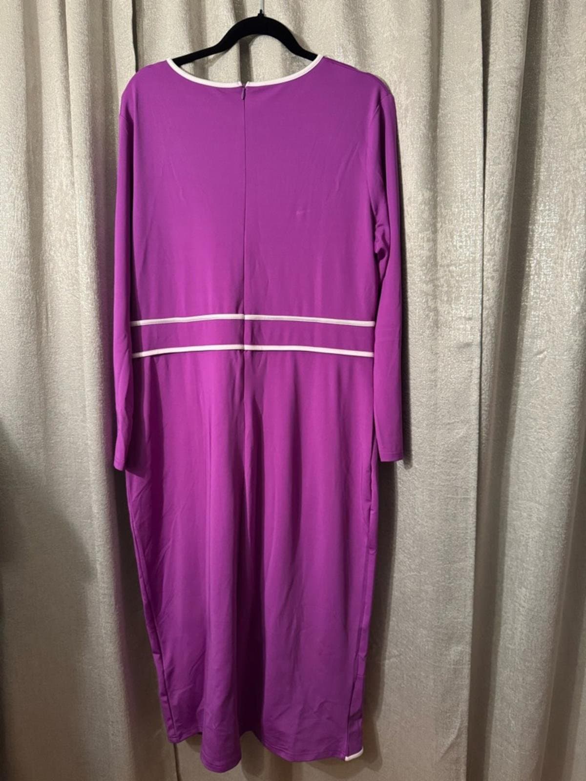 Purple Long-Sleeve Midi Dress with Cream Trim - Thumbnail 5