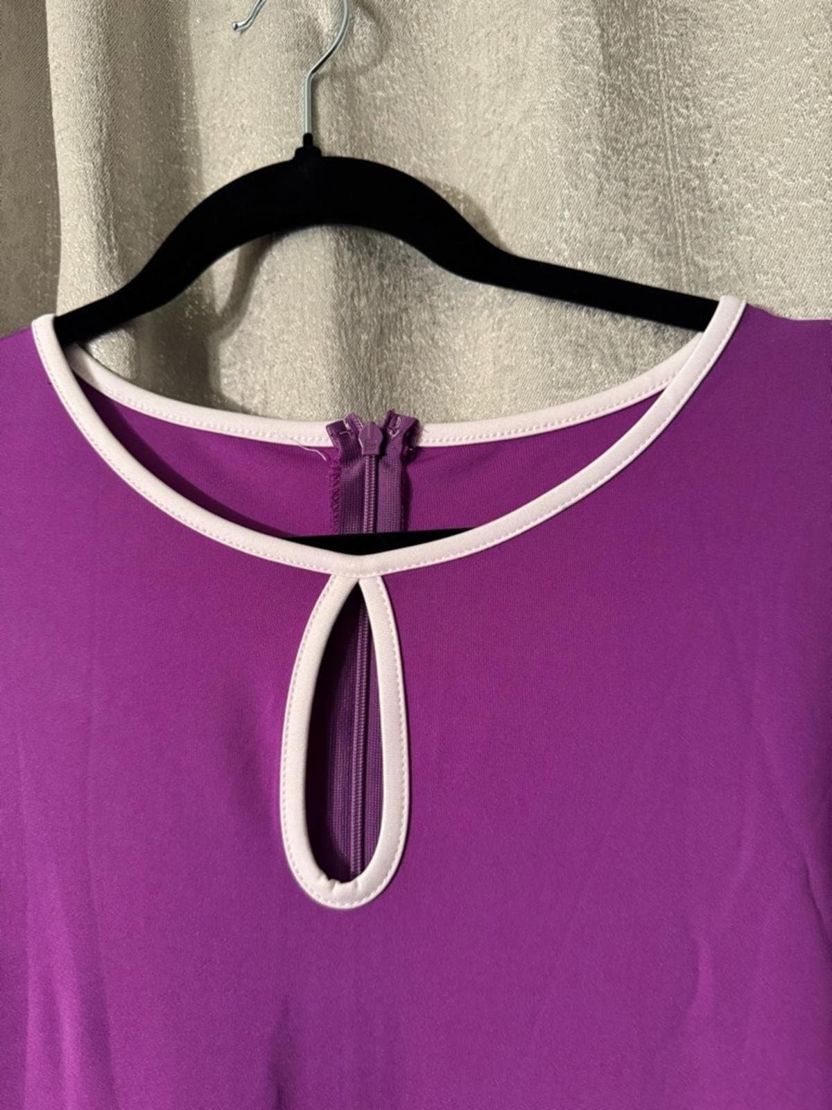 Purple Long-Sleeve Midi Dress with Cream Trim - Thumbnail 3