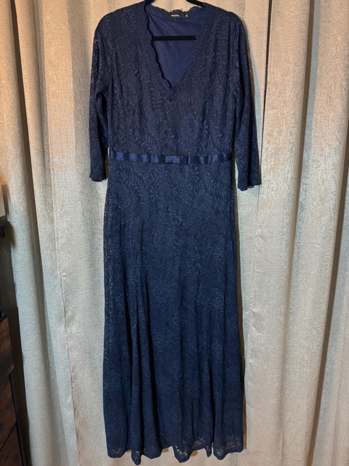 Miusol Navy Lace V-Neck Long Sleeve A-Line Dress - Thumbnail 2