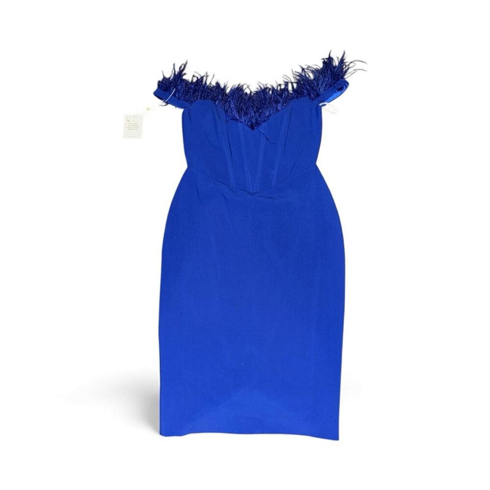 Elegant Strapless Blue Dress with Feather Trim - Thumbnail 2