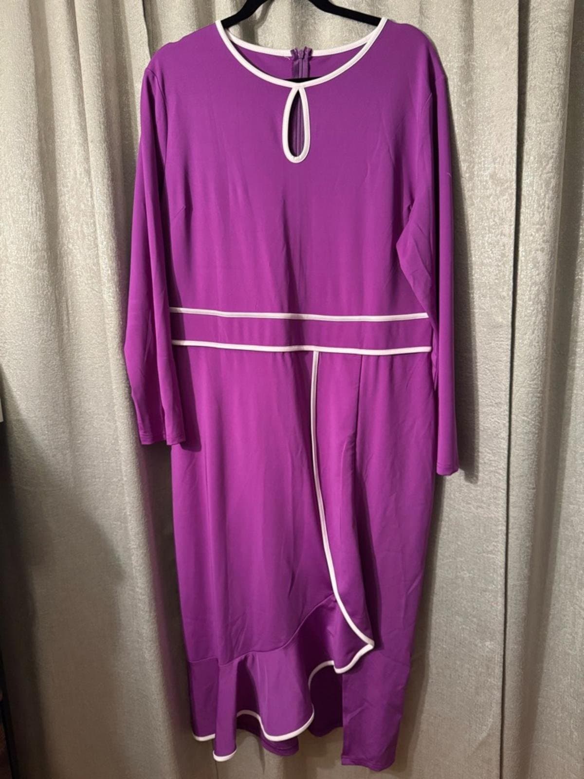 Purple Long-Sleeve Midi Dress with Cream Trim - Thumbnail 2