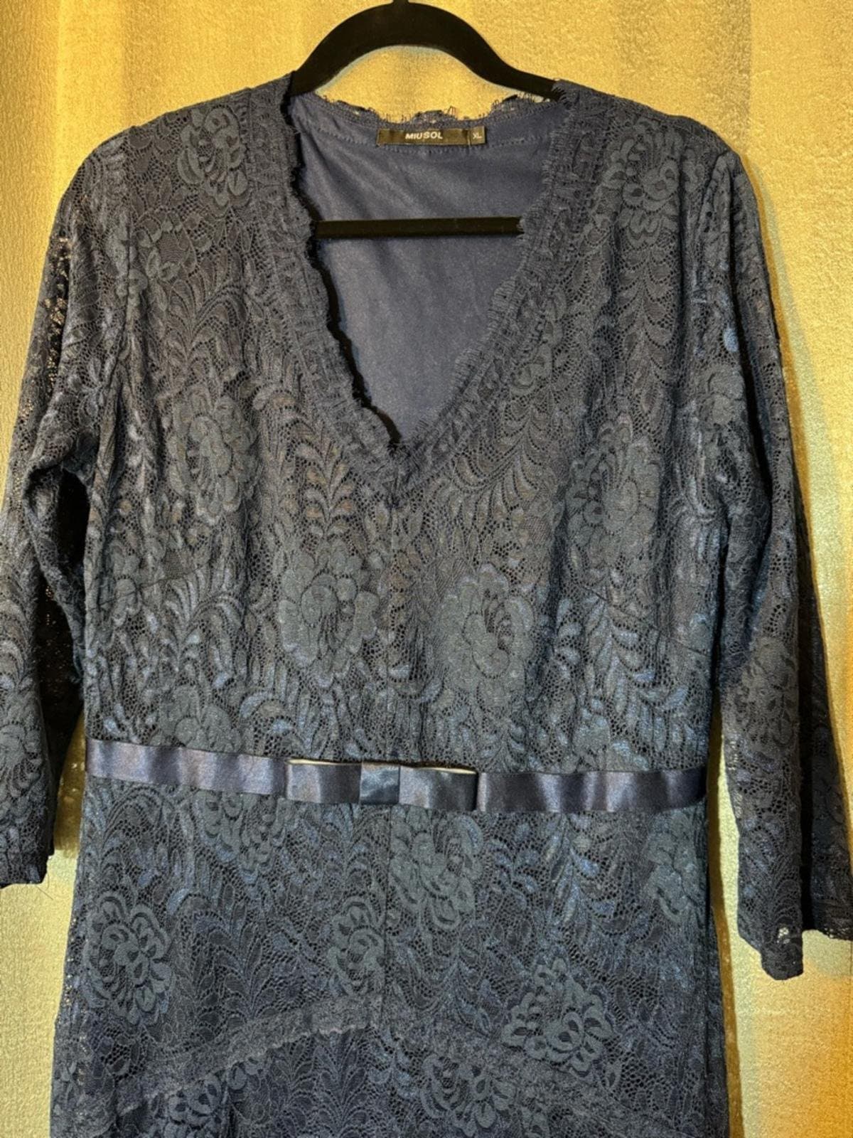 Miusol Navy Lace V-Neck Long Sleeve A-Line Dress - Thumbnail 4