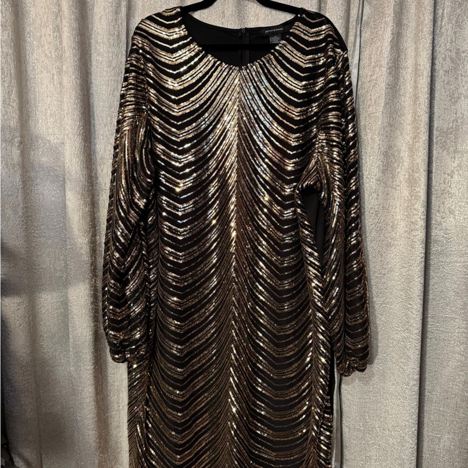 Ashley Stewart Black and Gold Long Sleeve Dress - Thumbnail 2