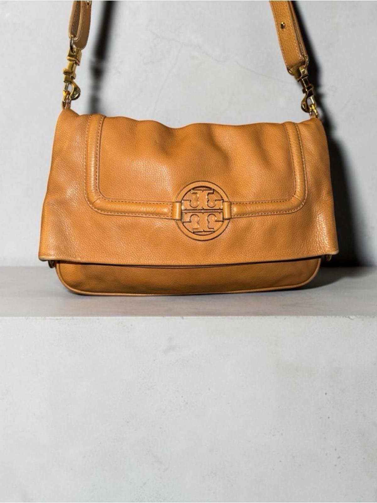 Tory Burch Amanda tan leather fold-over crossbody satchel - Image 1