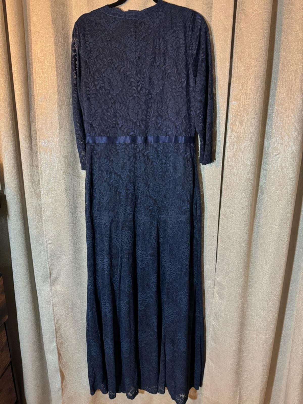 Miusol Navy Lace V-Neck Long Sleeve A-Line Dress - Thumbnail 7