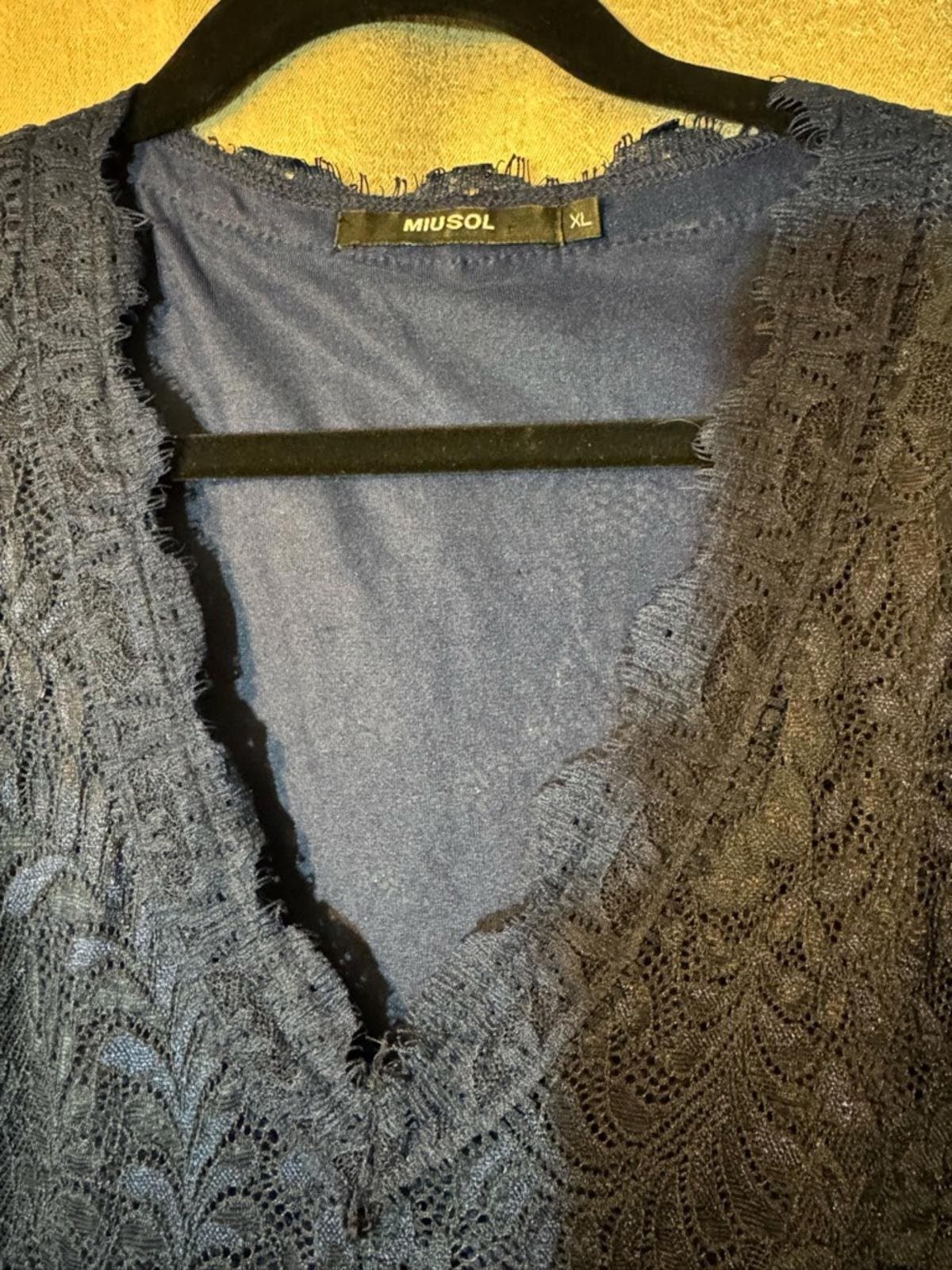 Miusol Navy Lace V-Neck Long Sleeve A-Line Dress - Thumbnail 6