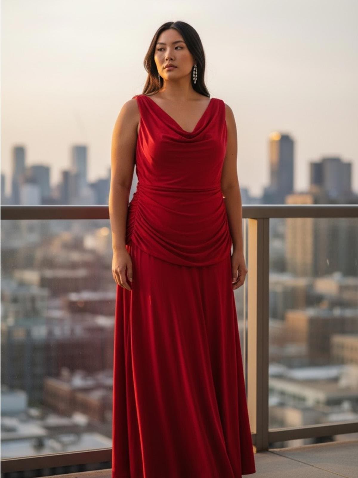 Sleeveless Red Cowl-Neck Maxi Dress with Ruched Draping - Image 1