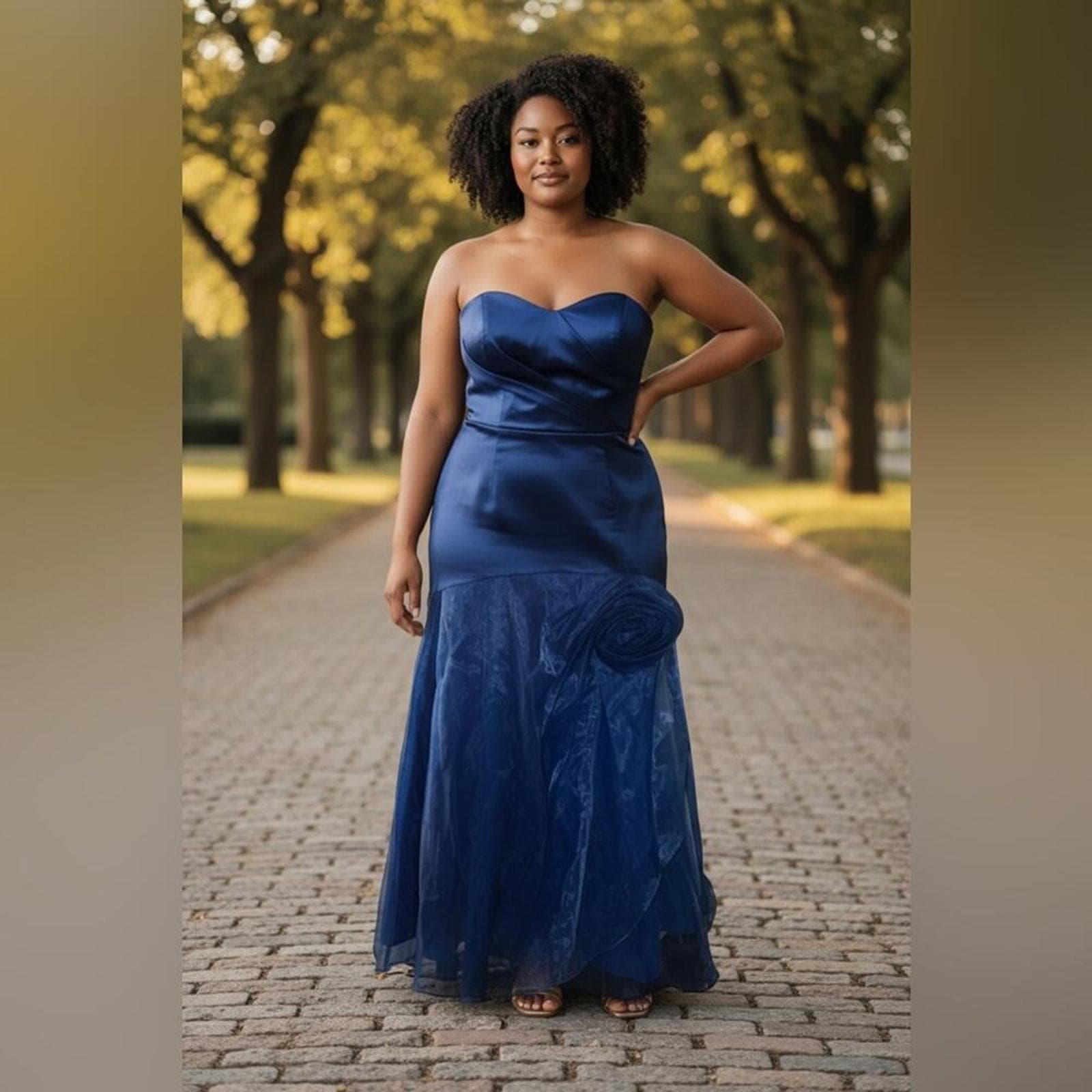 David's Bridal Strapless Navy Dress with Rosette - Image 1