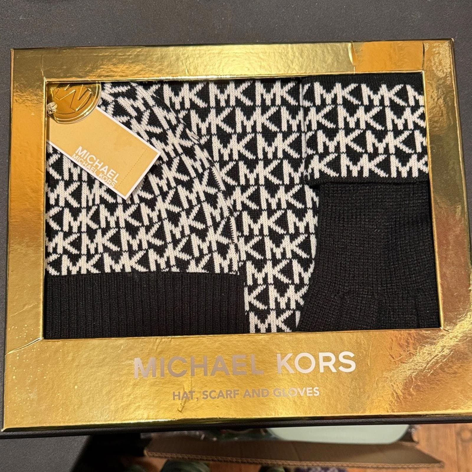 Michael Kors Black & White MK Logo Hat, Scarf & Gloves Set - Image 1