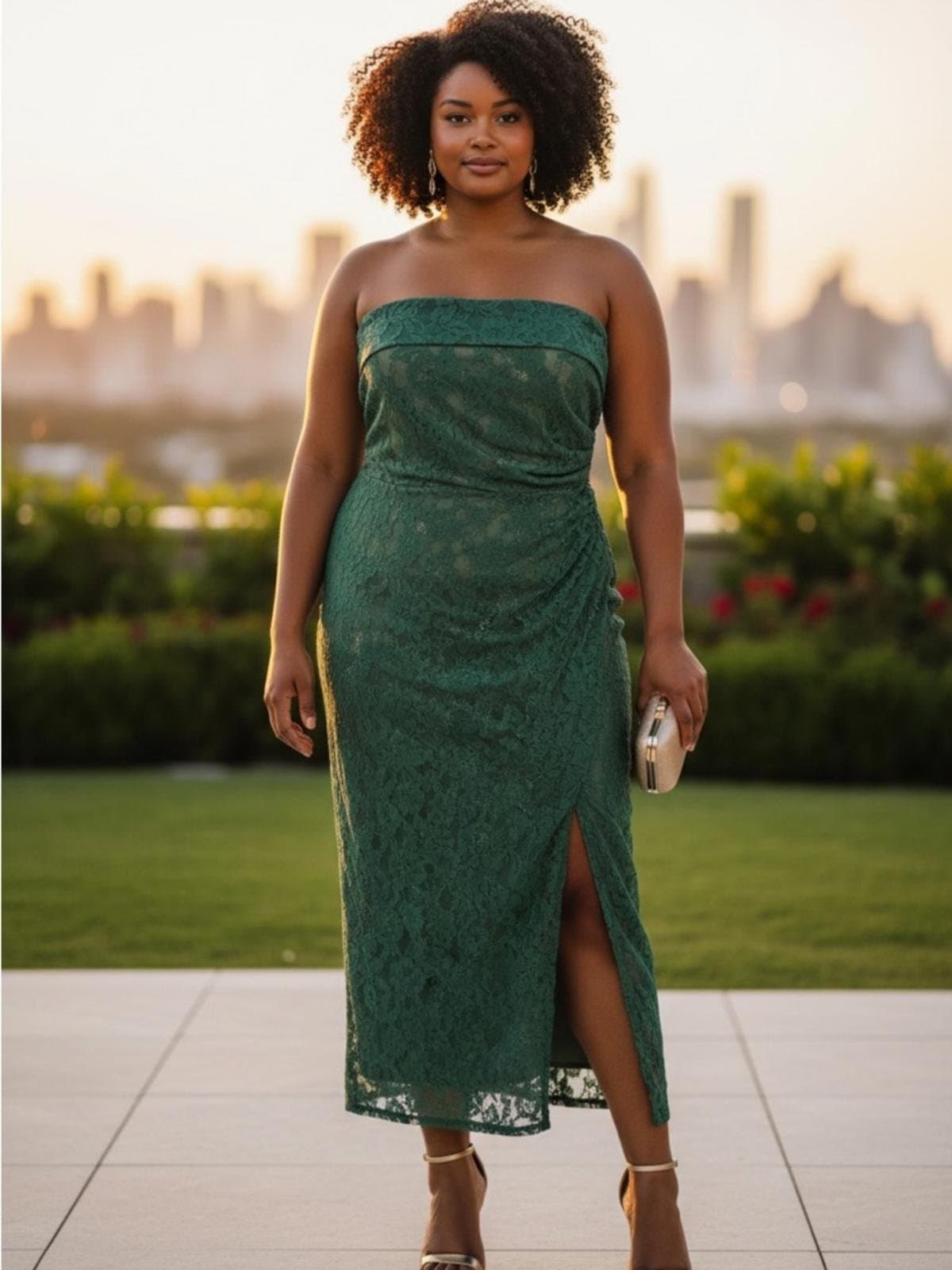 Fashion Nova Strapless Emerald Green Lace Midi Dress - Image 1