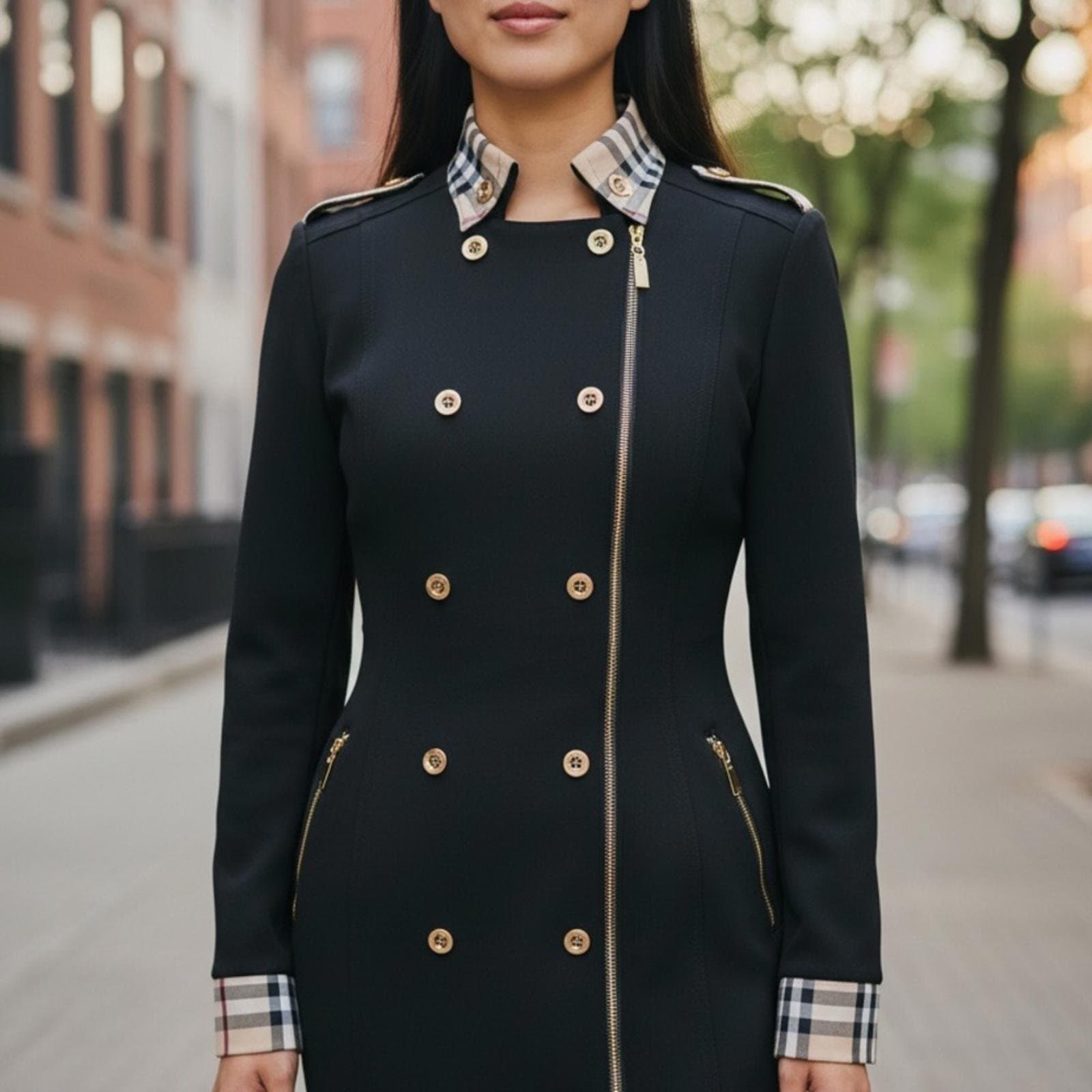 Chic Black Double-Breasted Mini Dress with Gold Accents - Image 1