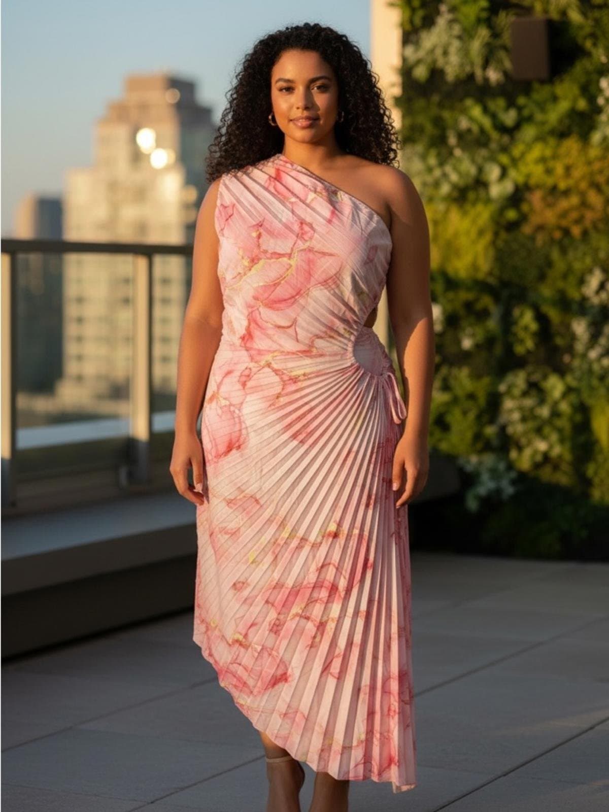 SHEIN Pink Marble One-Shoulder Pleated Midi Dress - Image 1