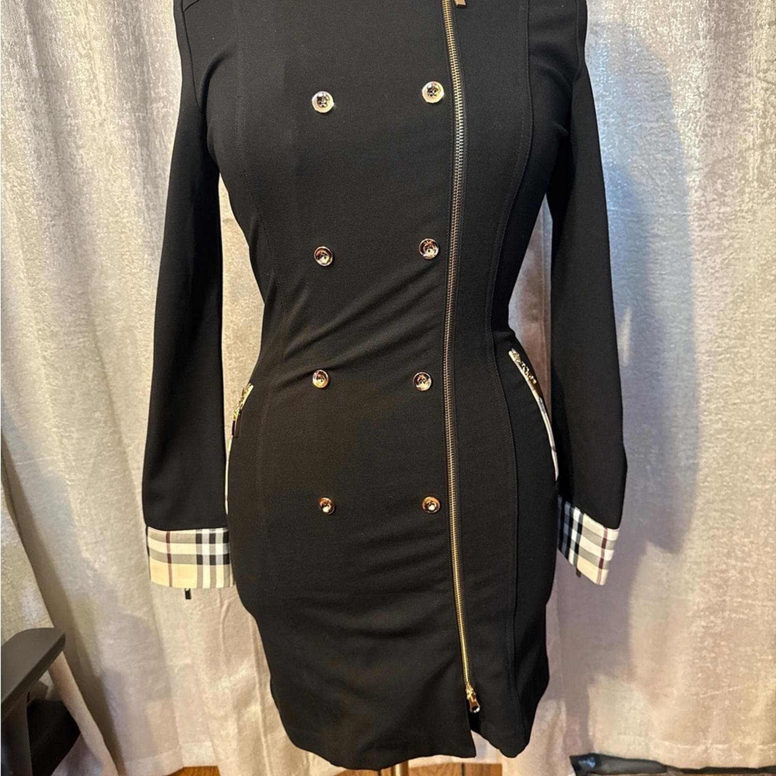 Chic Black Double-Breasted Mini Dress with Gold Accents - Thumbnail 2