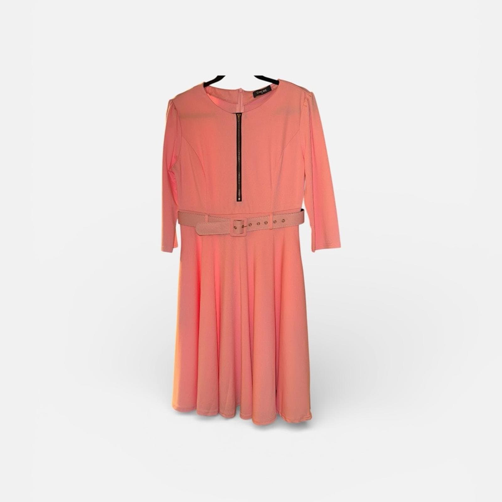 Chic Pink Long Sleeve Dress with Belt - Thumbnail 2