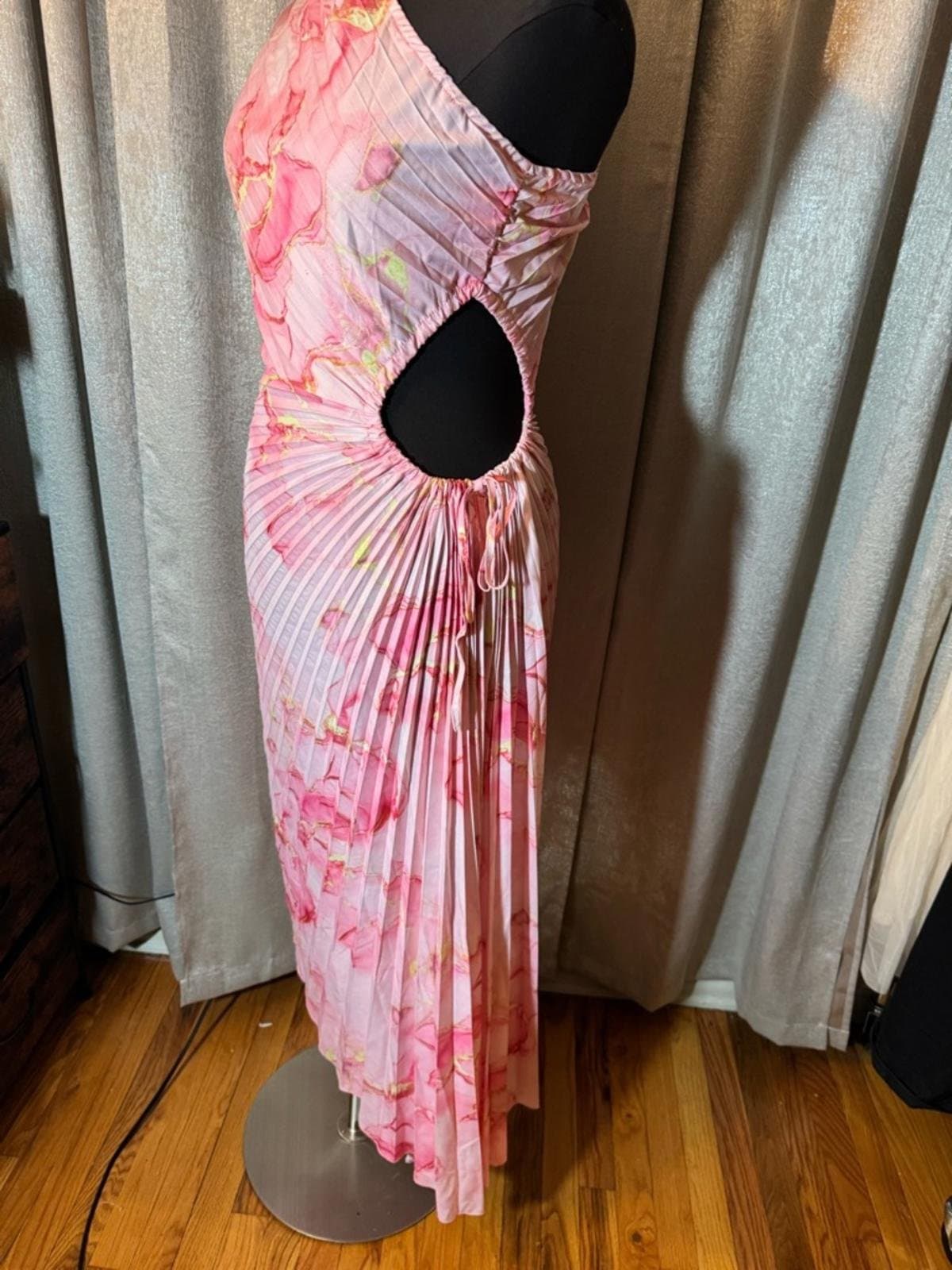 SHEIN Pink Marble One-Shoulder Pleated Midi Dress - Thumbnail 3