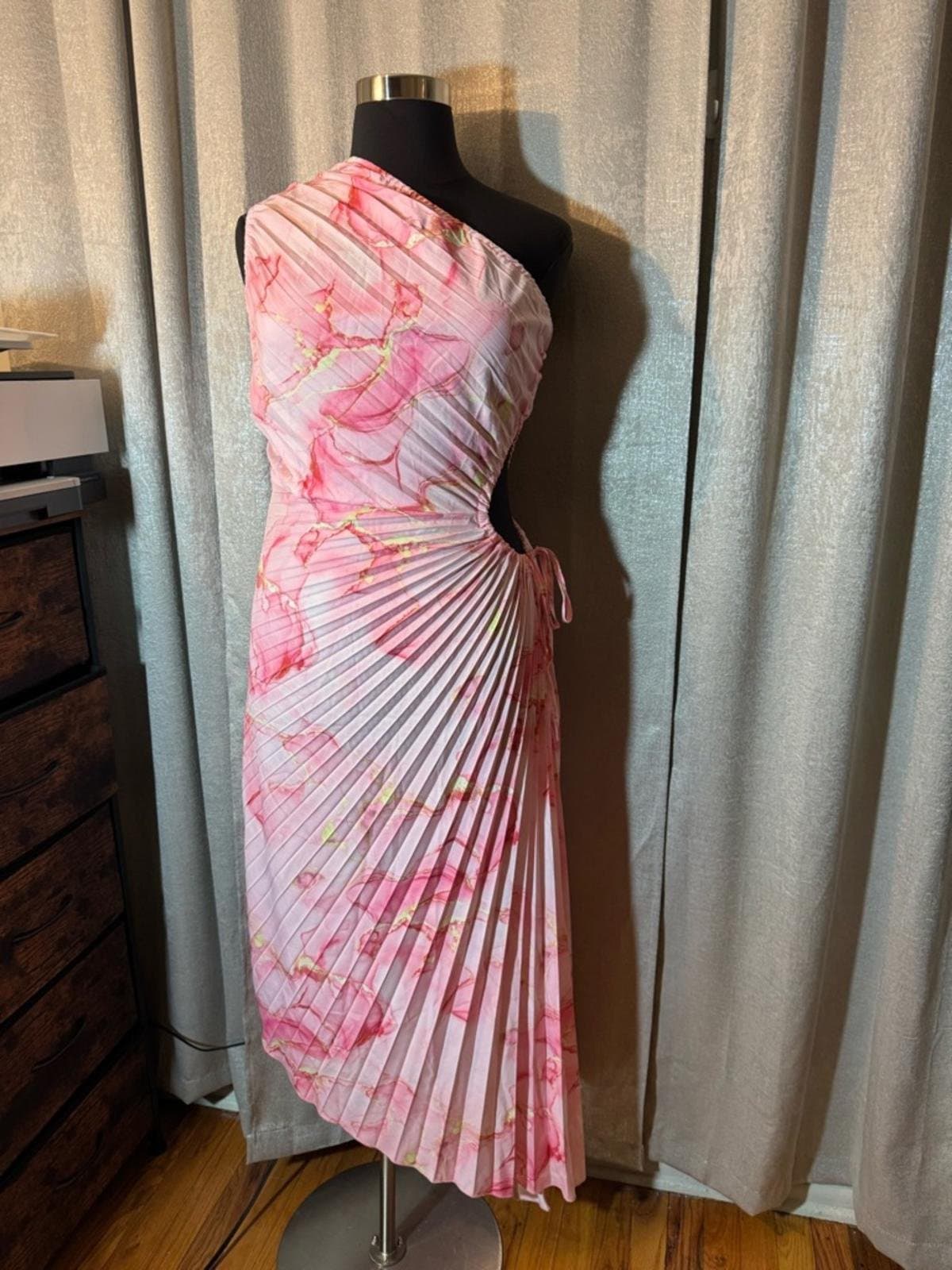 SHEIN Pink Marble One-Shoulder Pleated Midi Dress - Thumbnail 2