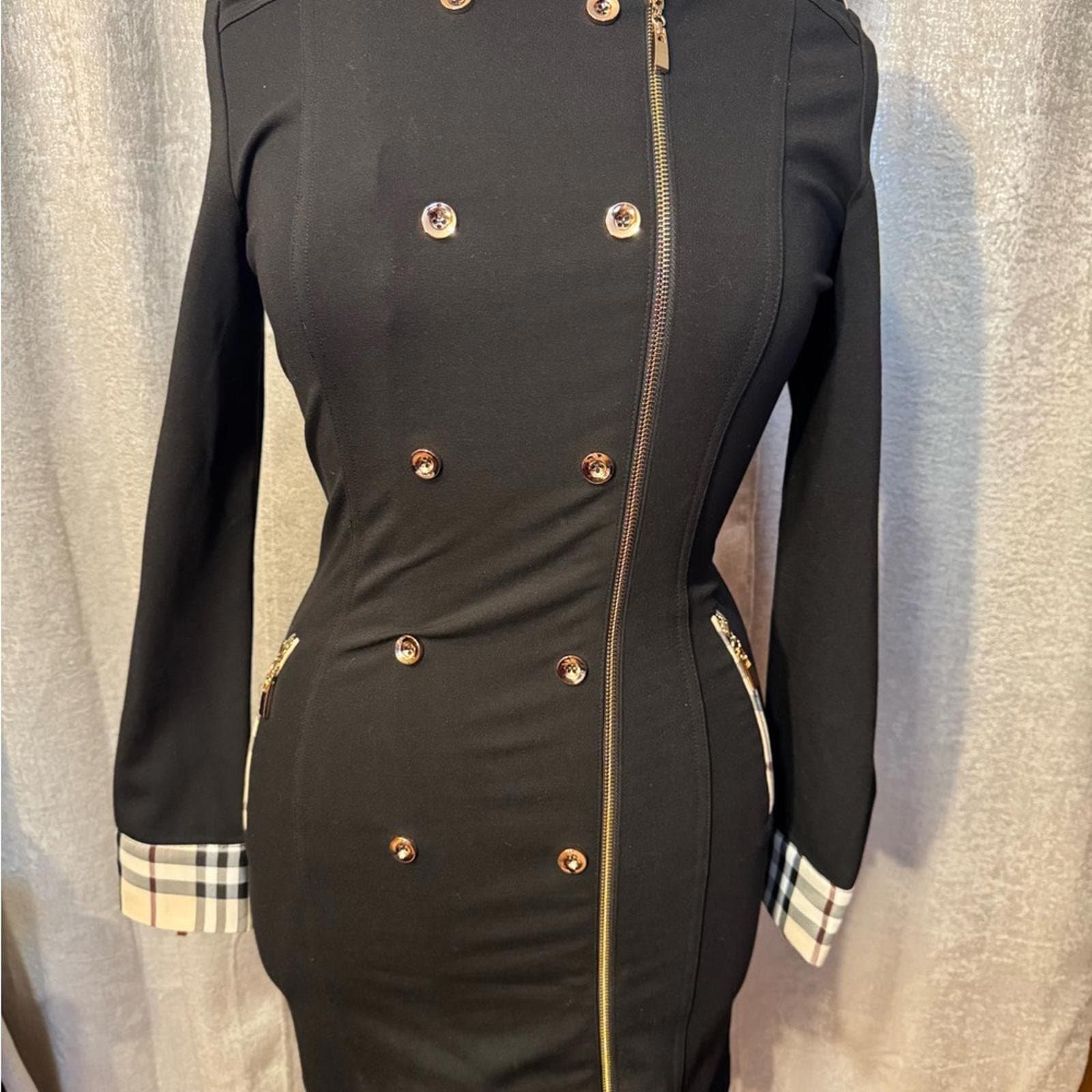 Chic Black Double-Breasted Mini Dress with Gold Accents - Thumbnail 3