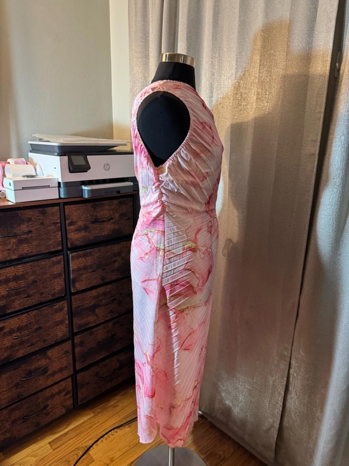 SHEIN Pink Marble One-Shoulder Pleated Midi Dress - Thumbnail 6