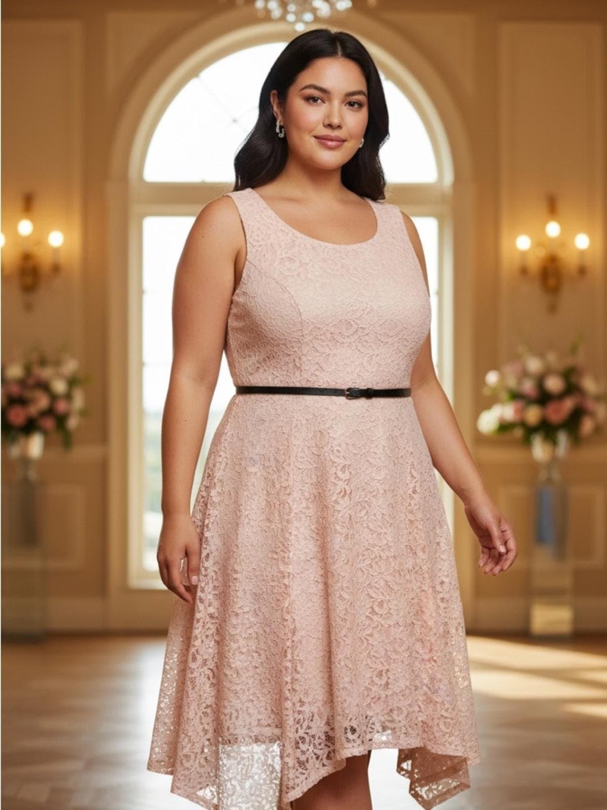 Elle Pink Lace High-Low Fit-and-Flare Dress with Slim Belt - Image 1