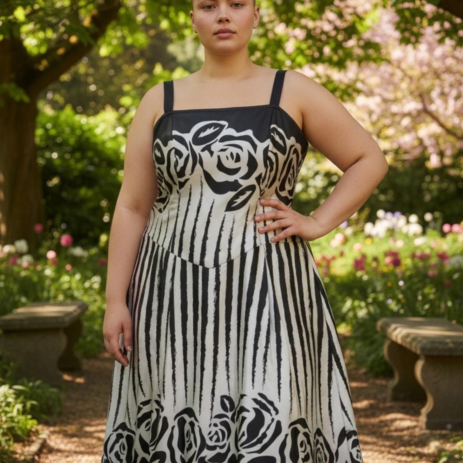 Dressbarn Black and White Rose Midi Dress - Image 1