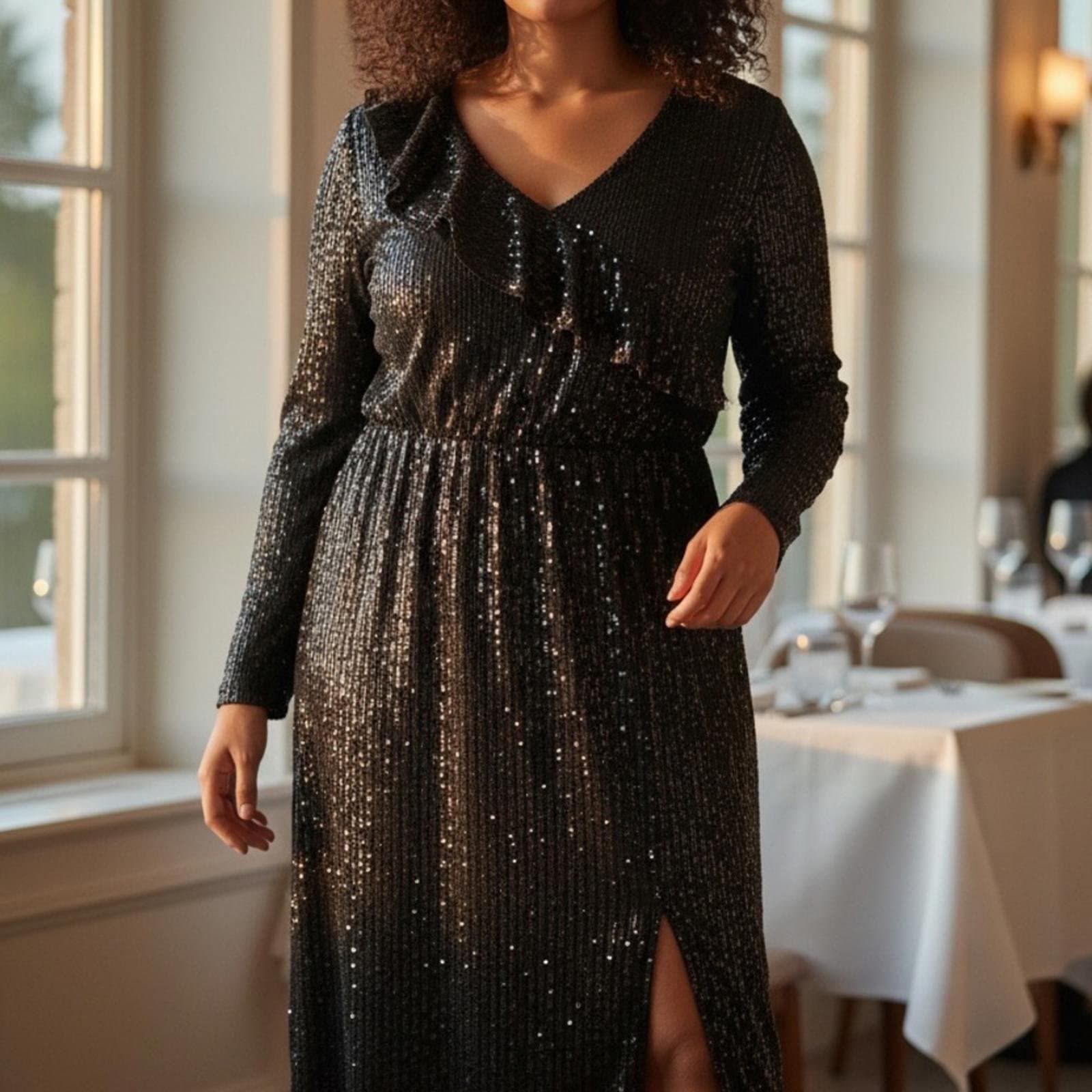 BloomChic Black Sequin V-Neck Maxi Dress with Front Slit - Image 1