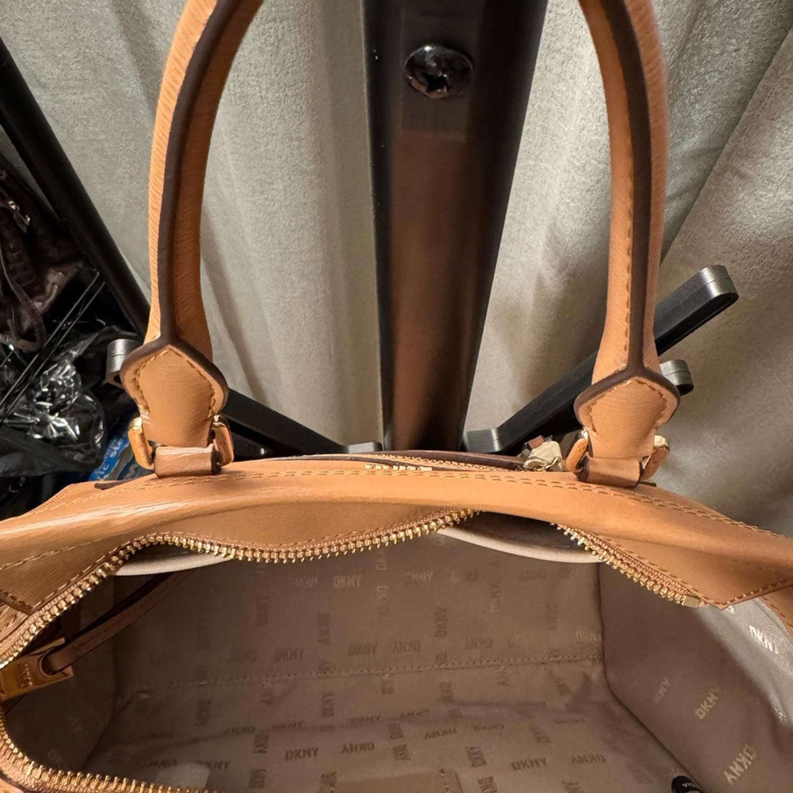 DKNY Tan Leather Structured Satchel with Front Zip - Thumbnail 5